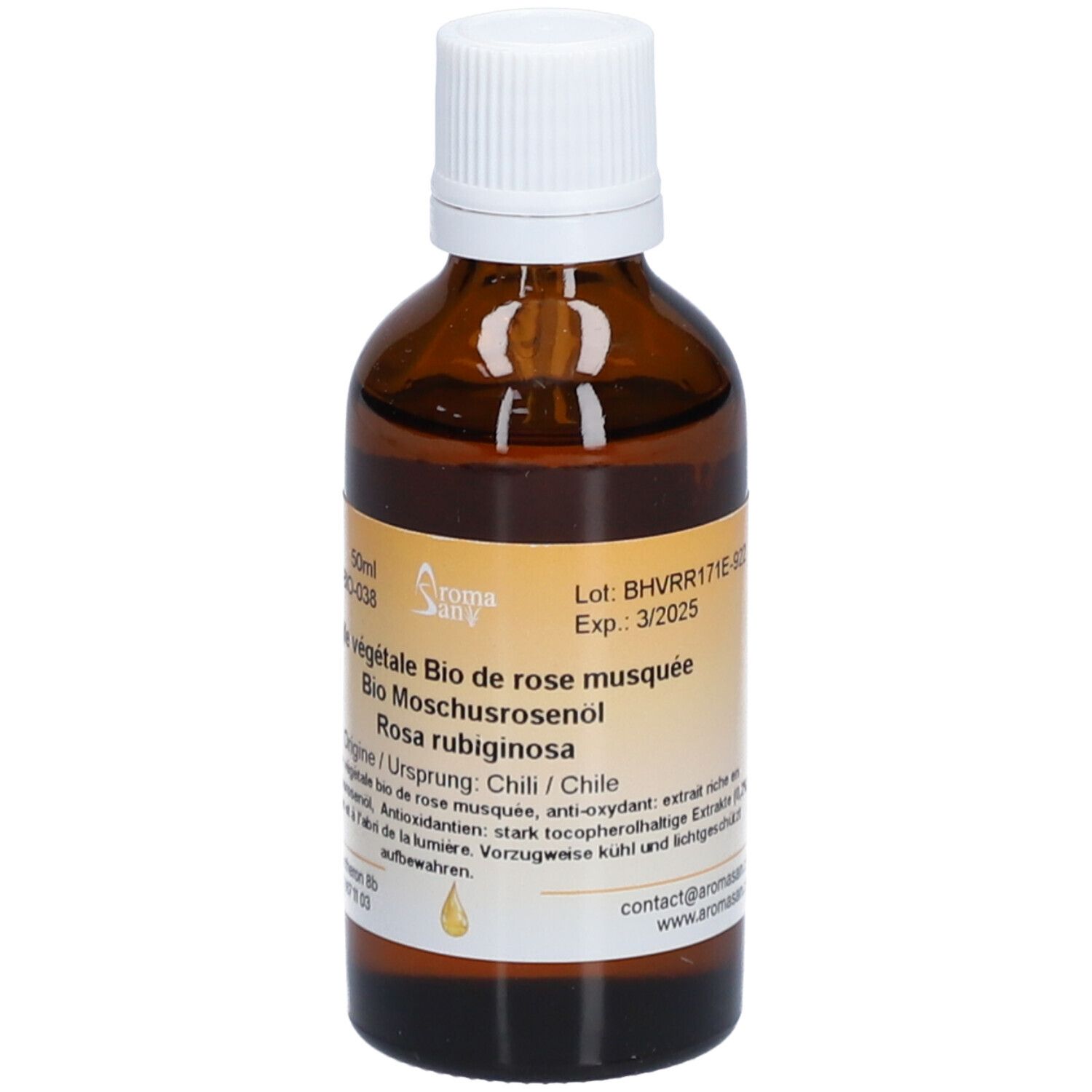 Flacon en verre brun avec bouchon blanc. Étiquette avec informations produit. Inscription: Huile végétale Bio de rose musquée. 50ml.