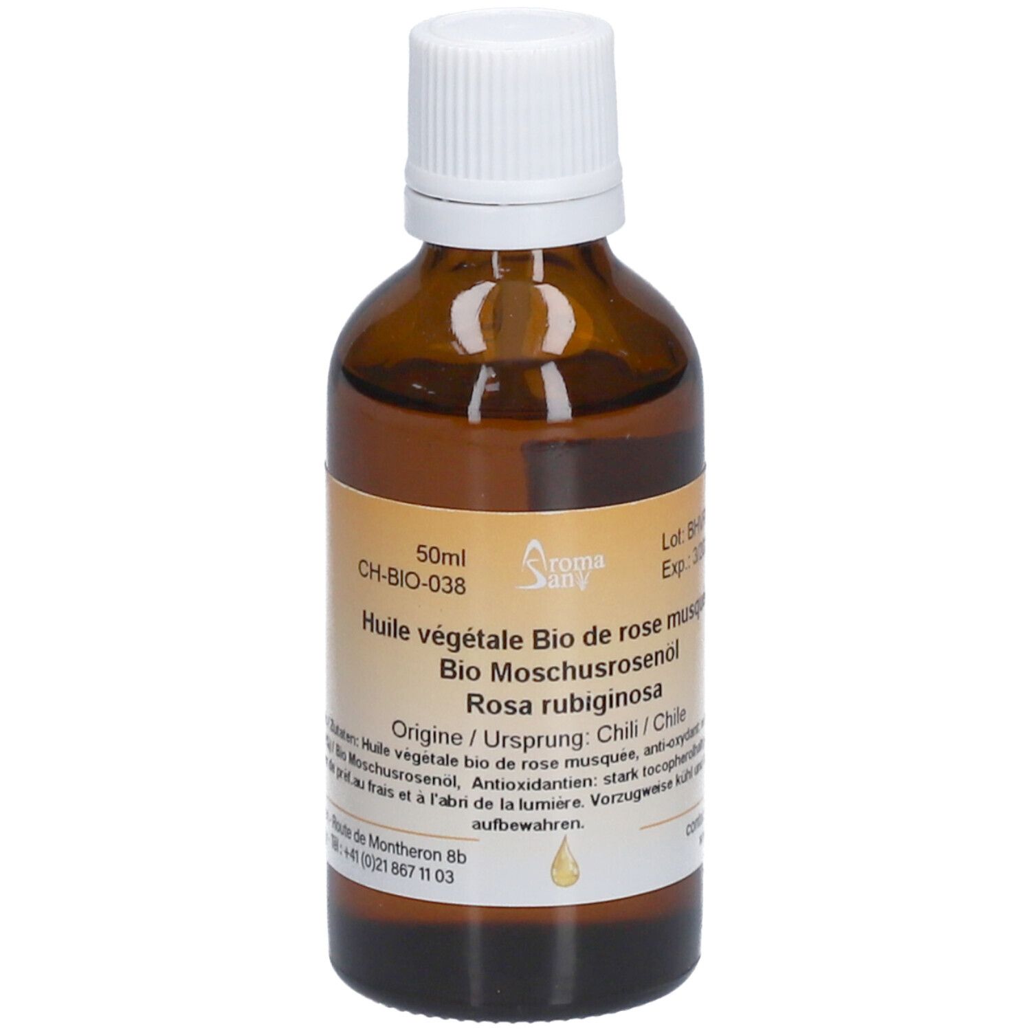 Flacon en verre brun avec bouchon blanc. Étiquette avec informations produit. Inscription: Huile végétale Bio de rose musquée. 50ml.