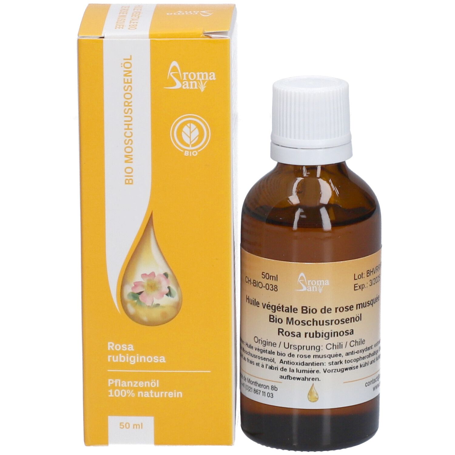 Flacon en verre brun avec bouchon blanc à côté d'un emballage jaune. Inscription: Bio Moschusrosenöl, 50ml. Emballage avec symbole goutte.