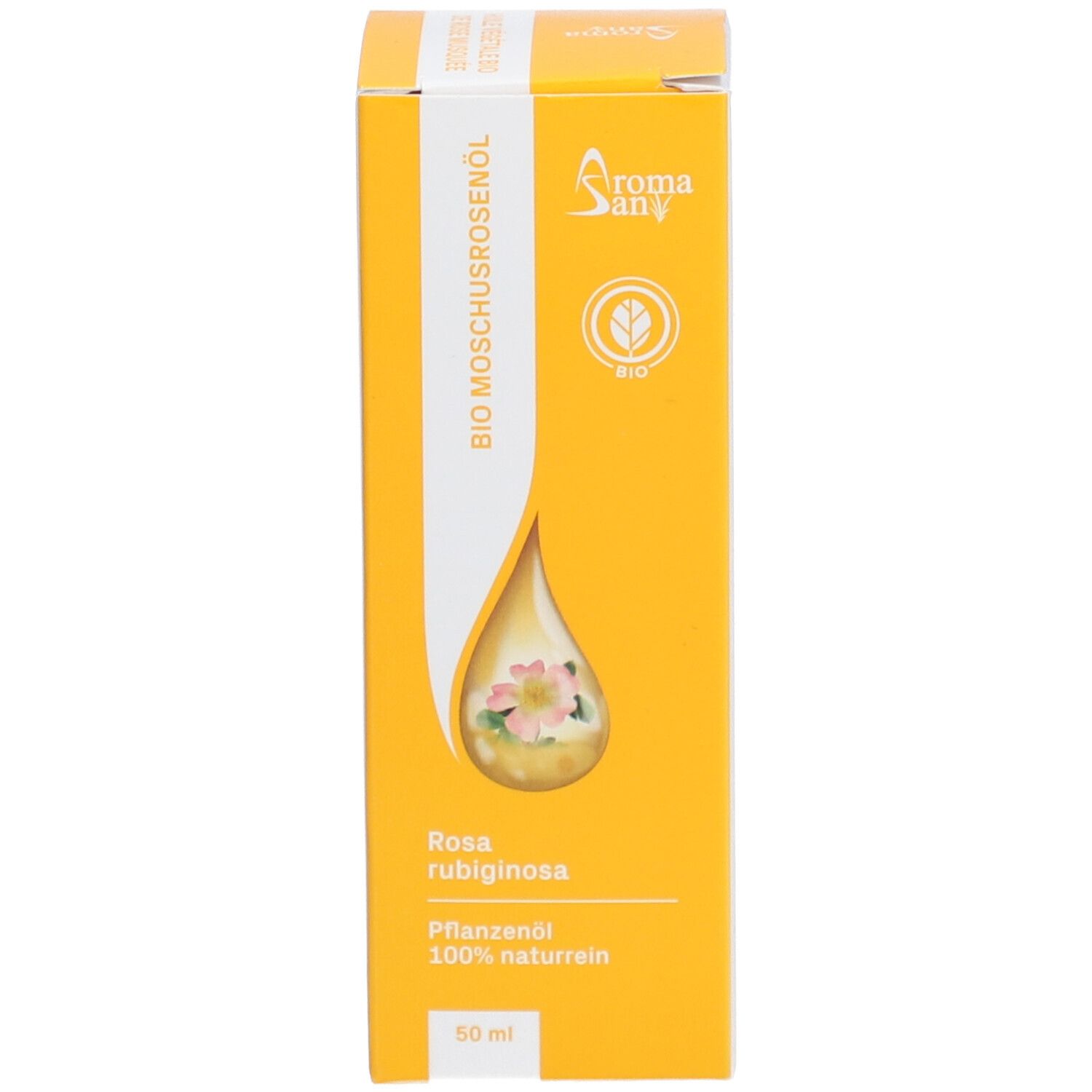 Emballage jaune avec symbole goutte et inscription: Bio Moschusrosenöl. 50ml. Logo: Bio.