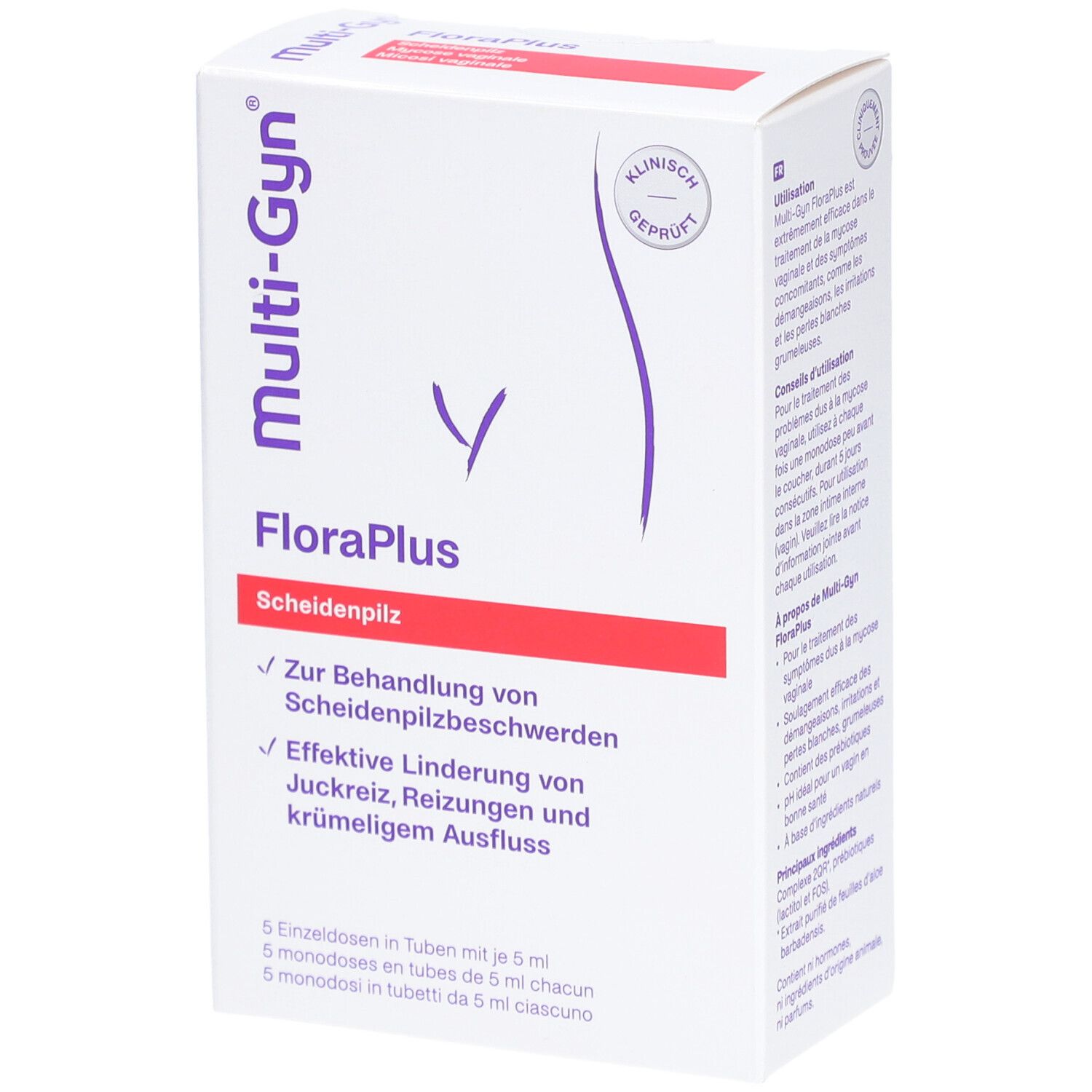 Boîte de Multi-Gyn FloraPlus. Inscription: FloraPlus, mycose vaginale. Cliniquement testé.