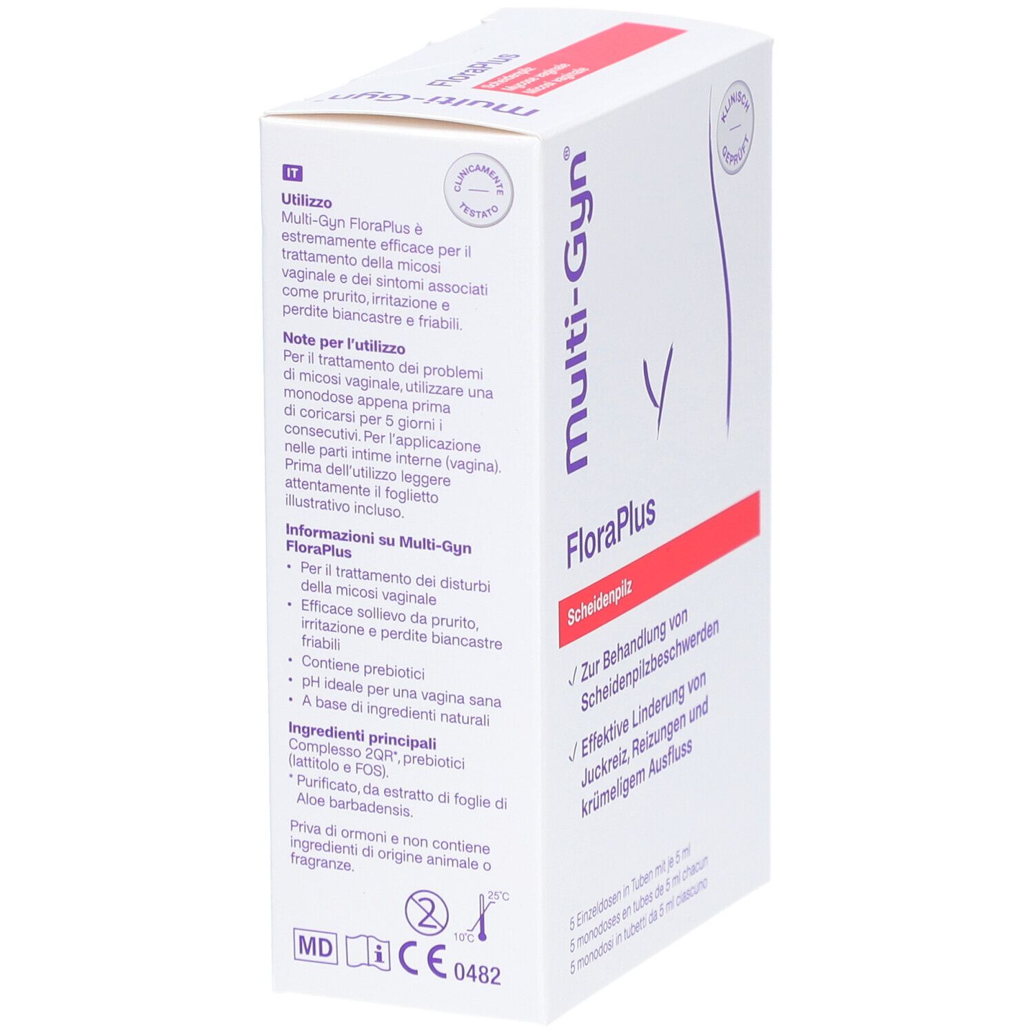 Boîte de Multi-Gyn FloraPlus. Inscription: FloraPlus, mycose vaginale. Texte en français et italien.