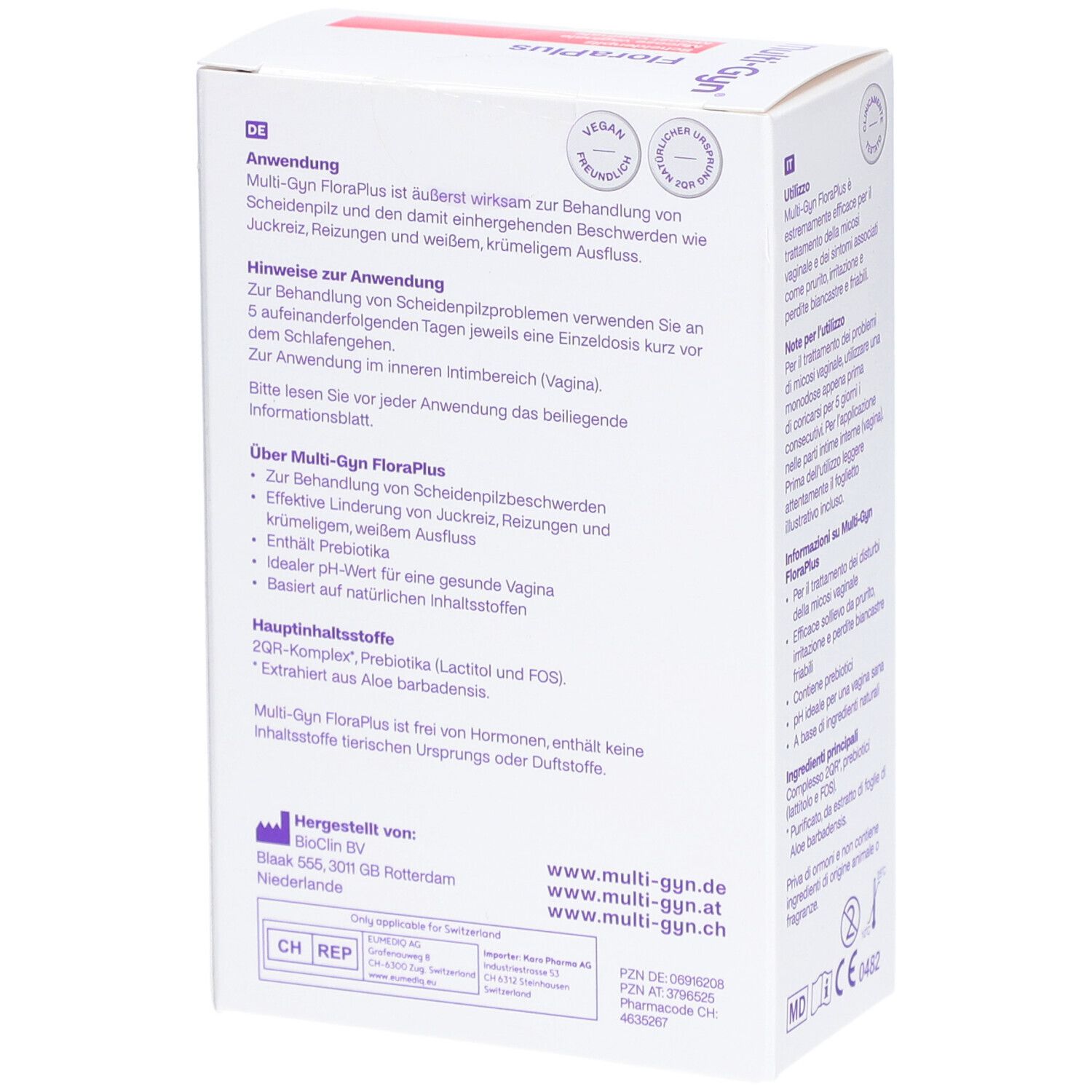 Boîte de Multi-Gyn FloraPlus. Inscription: FloraPlus, mycose vaginale. Texte en français.