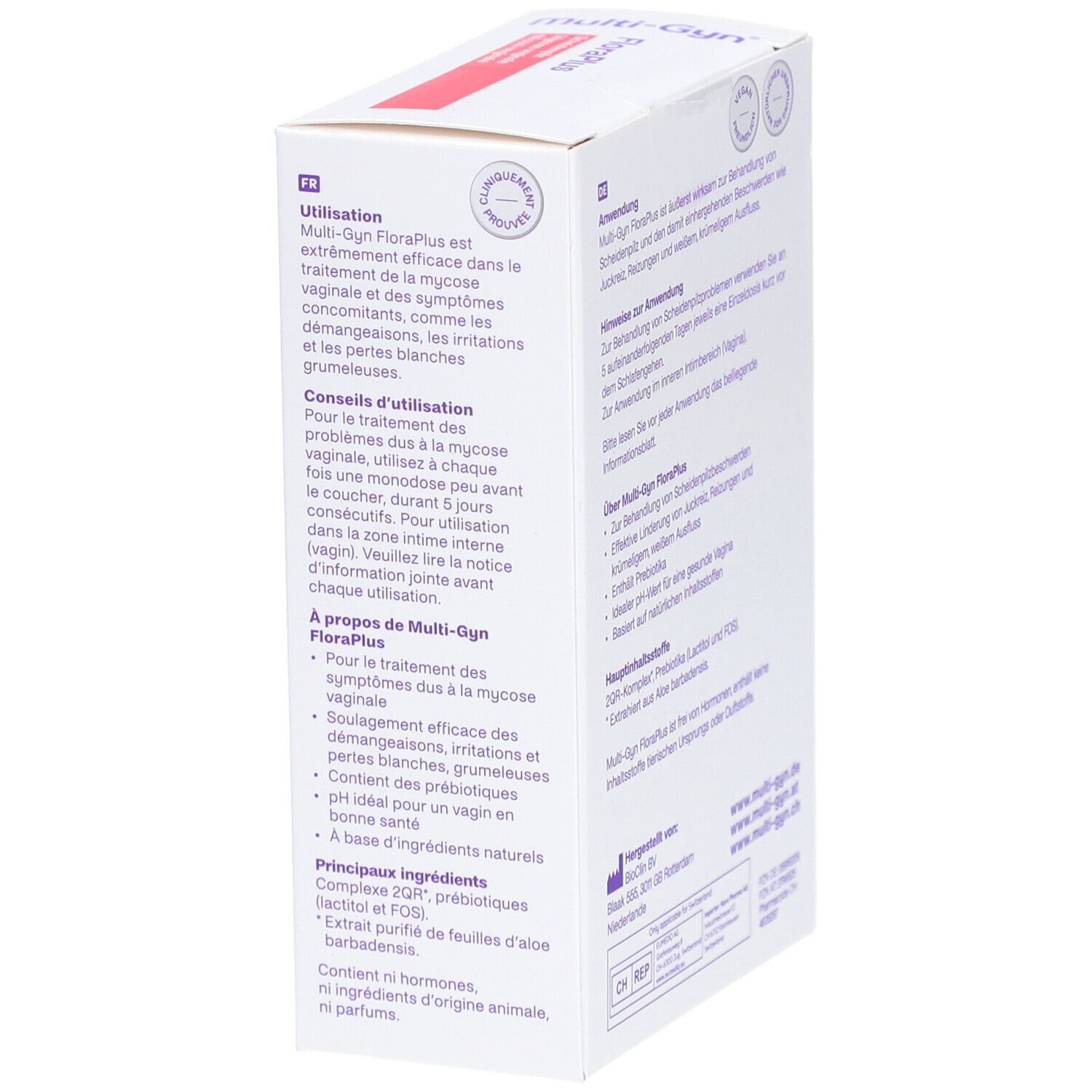 Boîte de Multi-Gyn FloraPlus. Inscription: FloraPlus, mycose vaginale. Texte en français.
