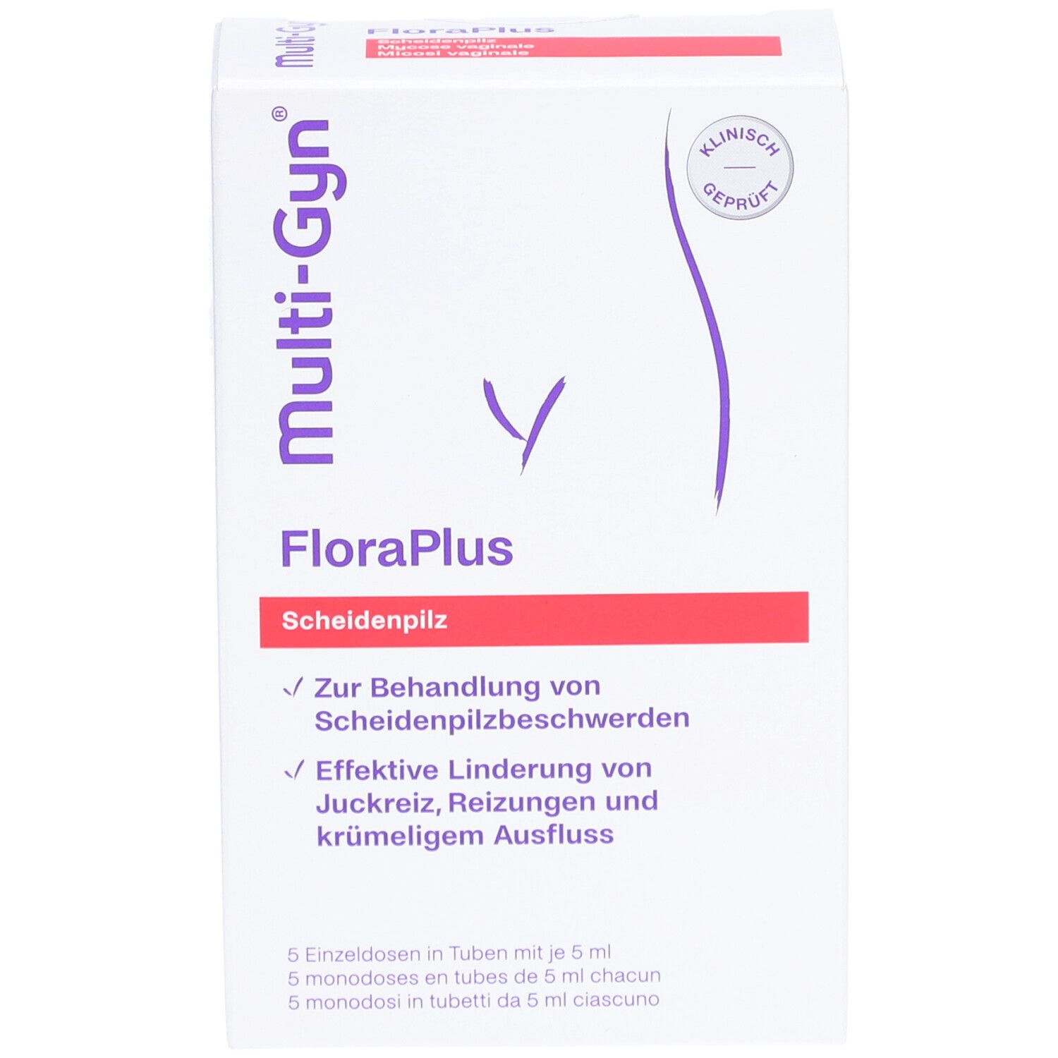 Boîte de Multi-Gyn FloraPlus. Inscription: FloraPlus, mycose vaginale. Cliniquement testé.