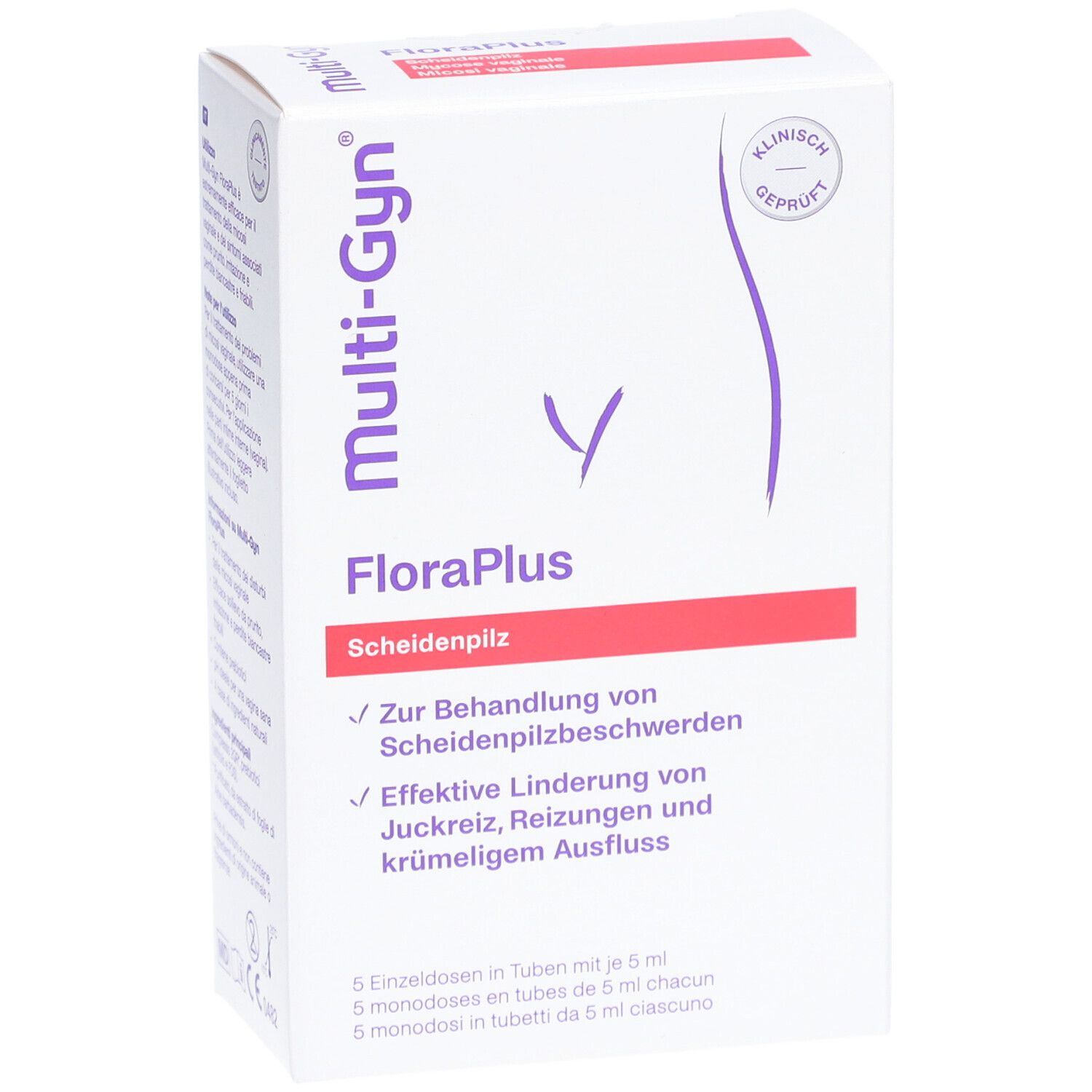 Boîte de Multi-Gyn FloraPlus. Inscription: FloraPlus, mycose vaginale. Cliniquement testé.