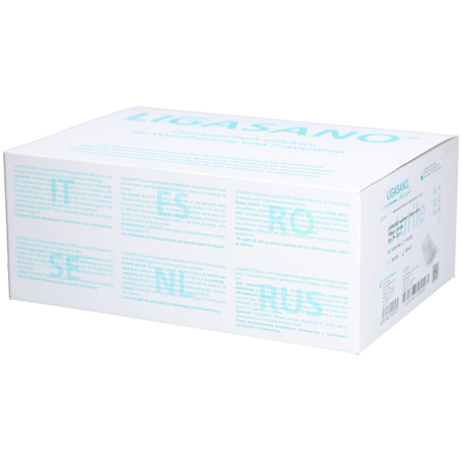 Boîte blanche avec texte multilingue. Inscription : LIGASANO®. Texte en plusieurs langues, dont l'allemand, l'italien, le néerlandais et le français.