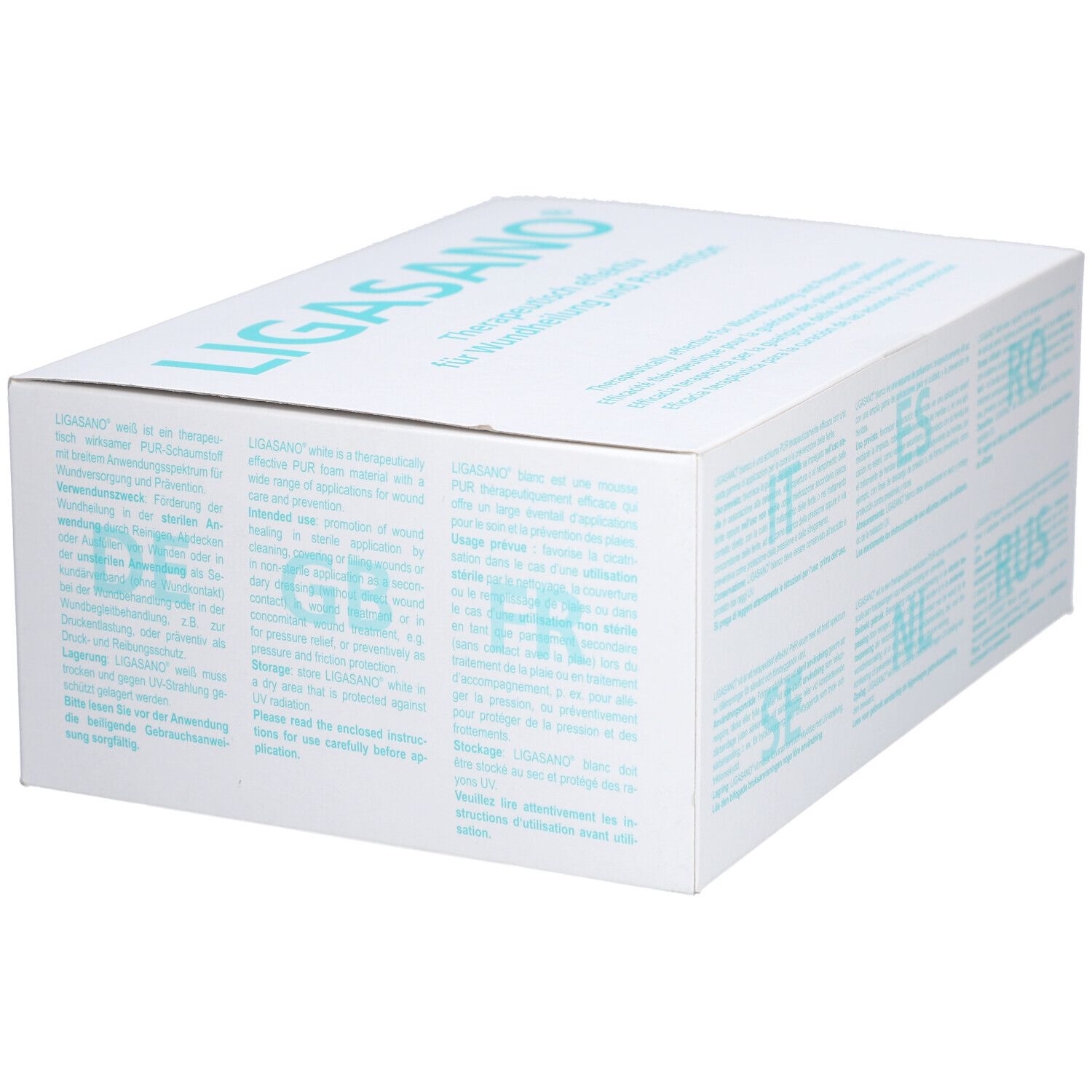Boîte blanche avec inscription LIGASANO® et texte multilingue. Texte en allemand, anglais, français, italien, suédois, néerlandais, etc.