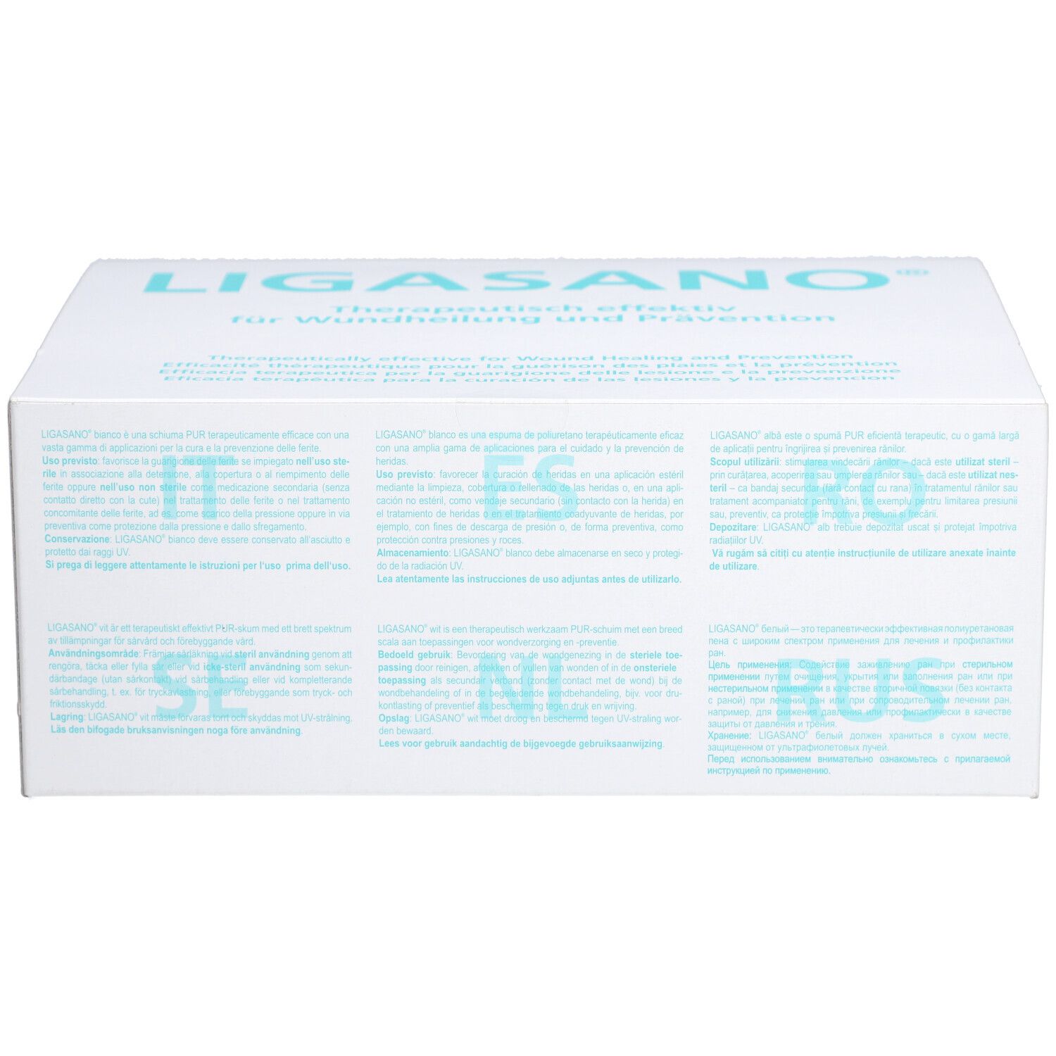 Boîte blanche avec inscription LIGASANO® et texte multilingue. Texte en allemand, italien, espagnol, roumain, etc.