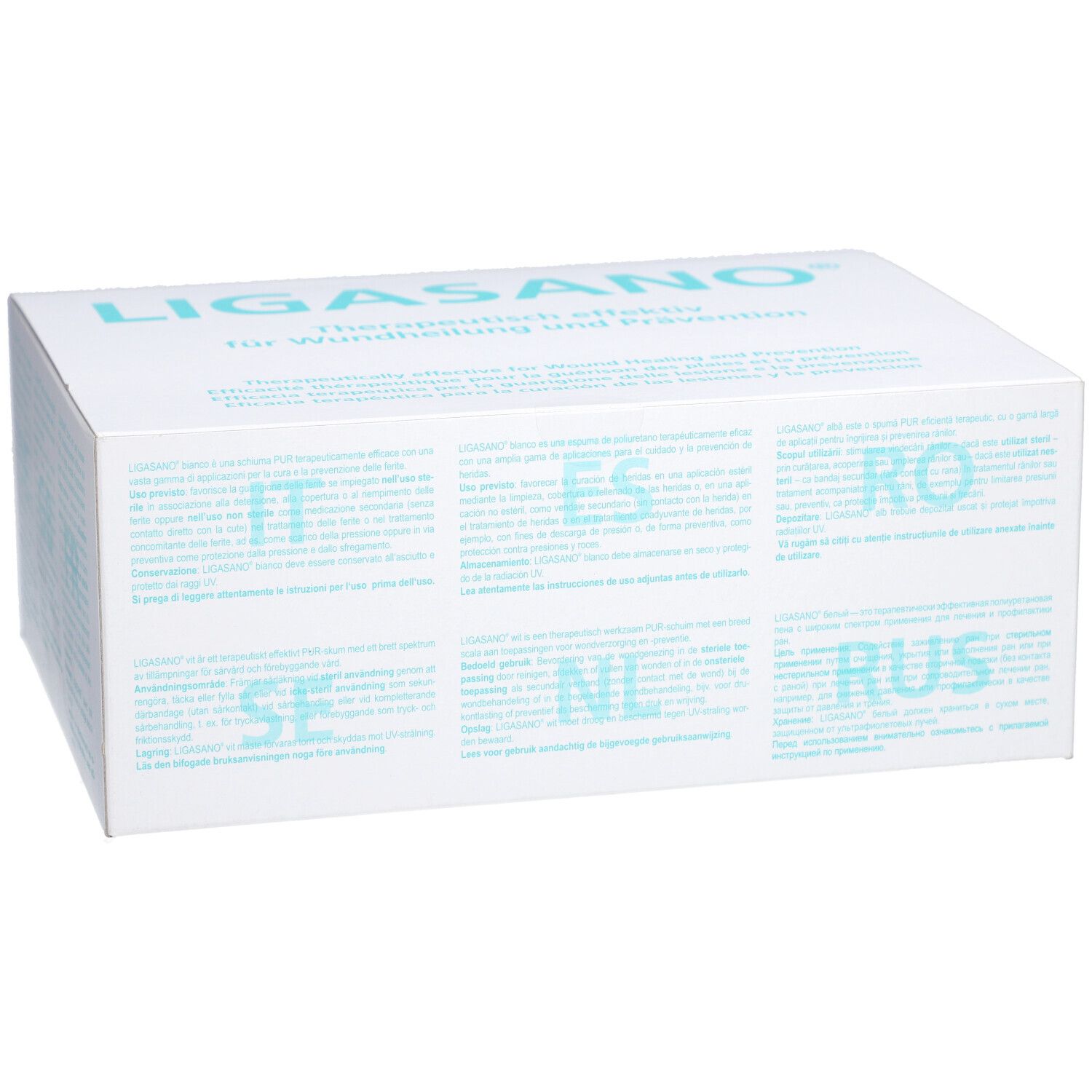 Boîte blanche avec inscription LIGASANO® et texte multilingue. Texte en allemand, italien, espagnol, roumain, etc.