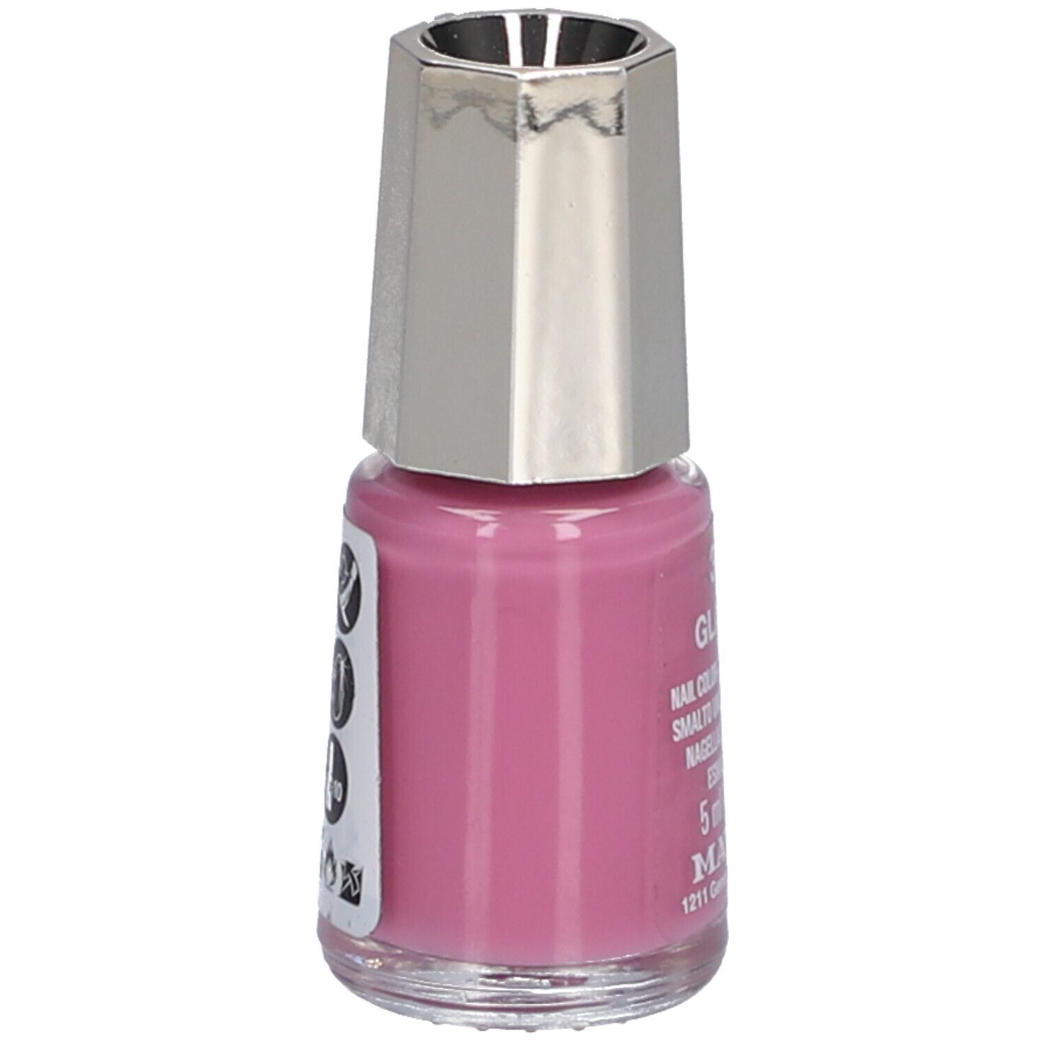Flacon de vernis à ongles rose, bouchon argenté. Étiquette avec texte et code-barres.