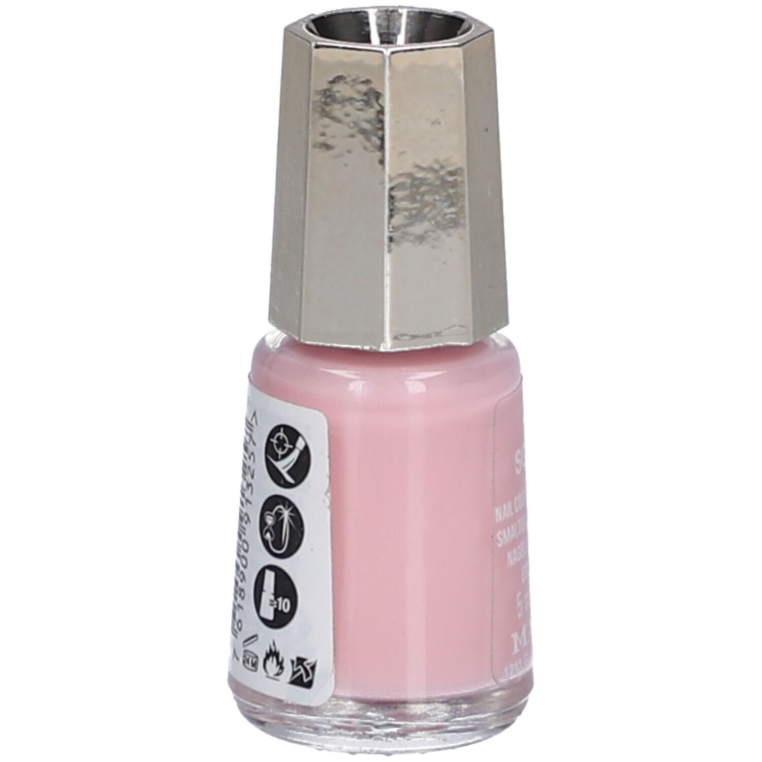 Bouteille de vernis à ongles rose pâle avec un capuchon argenté facetté. Contient des symboles d'avertissement et du texte.