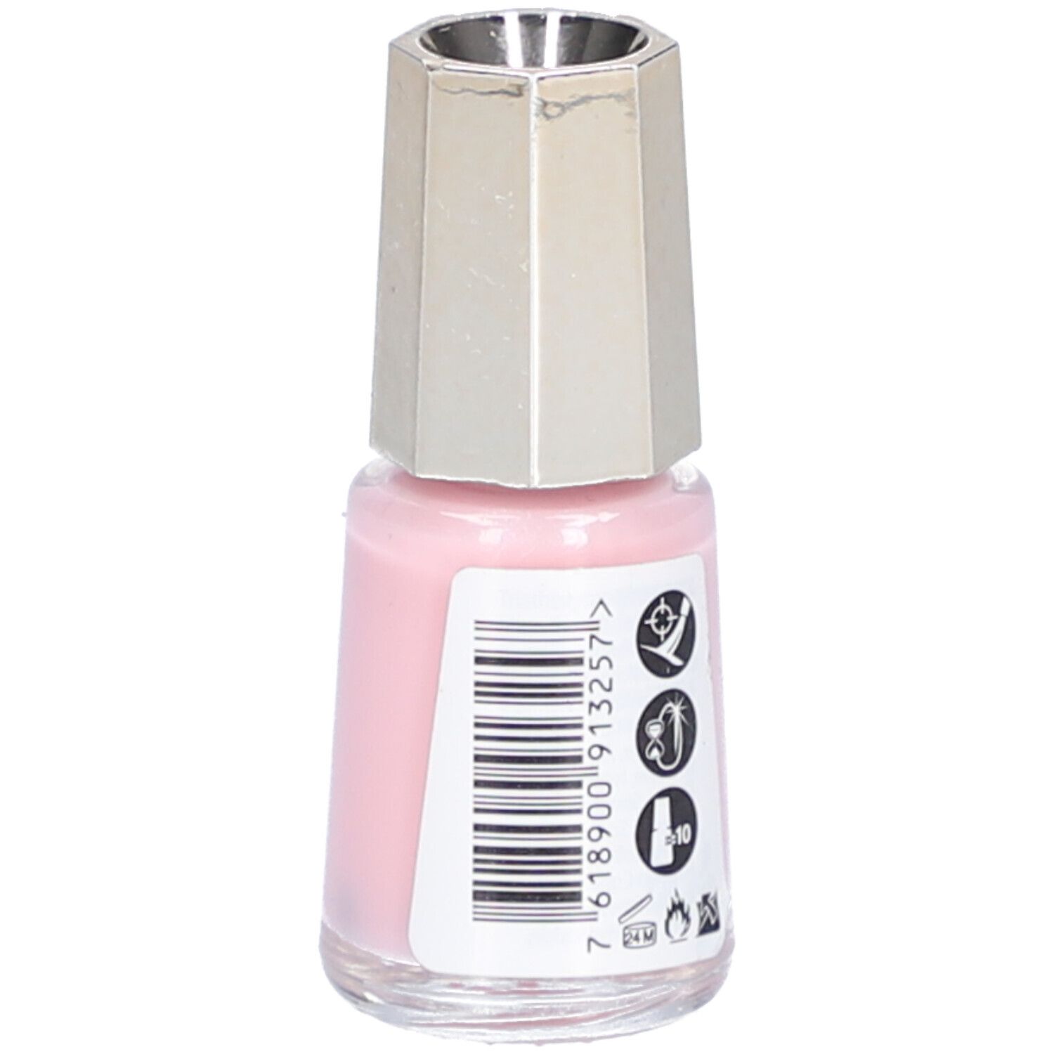 Bouteille de vernis à ongles rose pâle avec un capuchon hexagonal argenté.