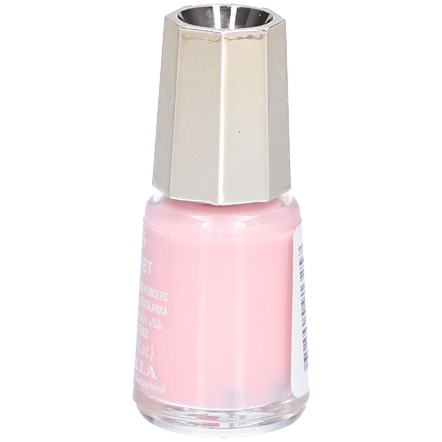 Bouteille de vernis à ongles rose pâle avec un capuchon argenté facetté.