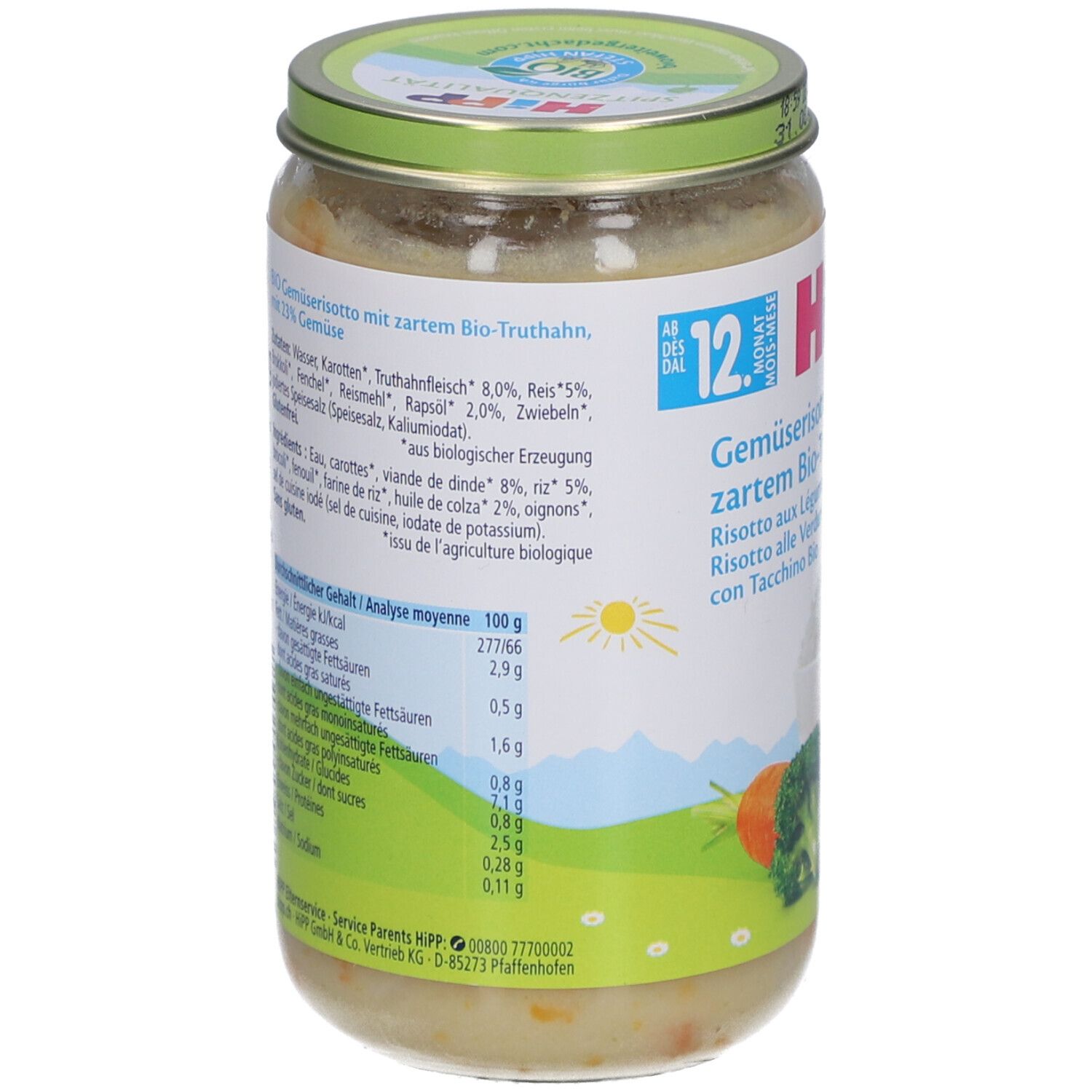 Bocal HiPP avec liste d'ingrédients et informations nutritionnelles. Dos avec symbole soleil et texte. Couvercle vert.