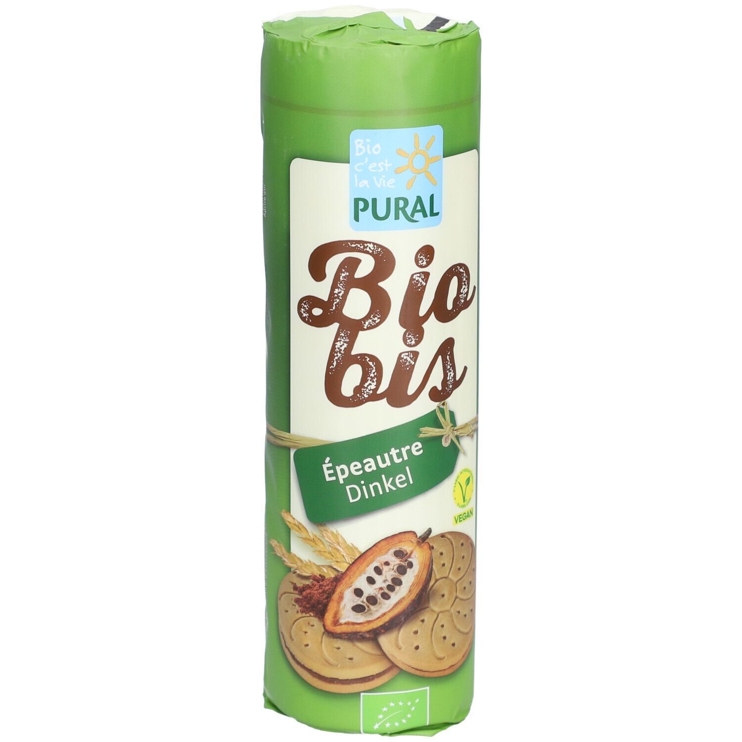 PURAL Bio Bis: Biscuits épeautre-chocolat dans un emballage tubulaire vert. Vegan et certifié Bio.