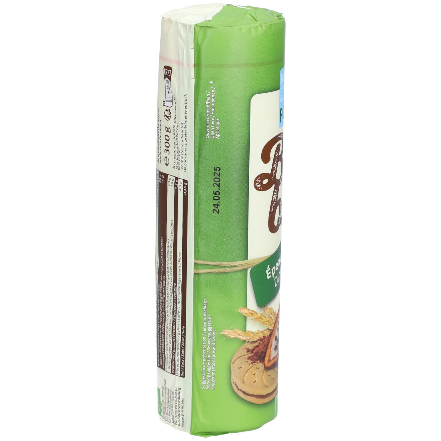 PURAL Bio Bis: Arrière de l'emballage tubulaire vert avec informations nutritionnelles et date de péremption.