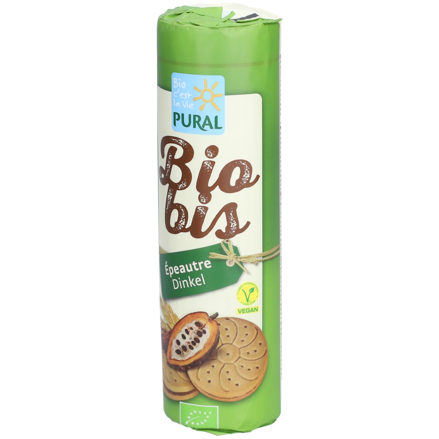 PURAL Bio Bis: Biscuits épeautre-chocolat dans un emballage tubulaire vert. Vegan et certifié Bio.