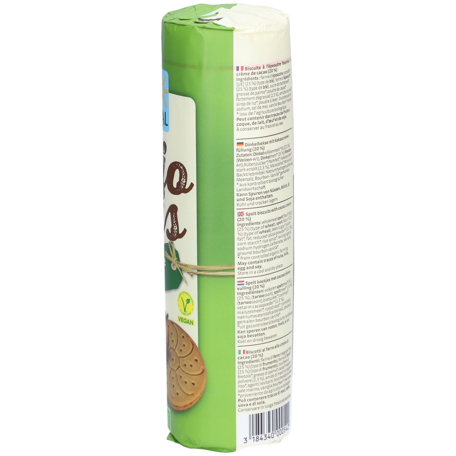 PURAL Bio Bis: Vue latérale de l'emballage tubulaire vert avec liste d'ingrédients et informations nutritionnelles.