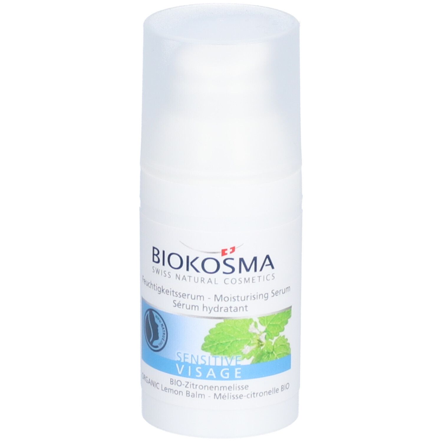 Flacon blanc avec vaporisateur. BIOKOSMA Sérum hydratant Sensitive. Inscription : Sensitive Visage, BIO-Mélisse citronnelle.