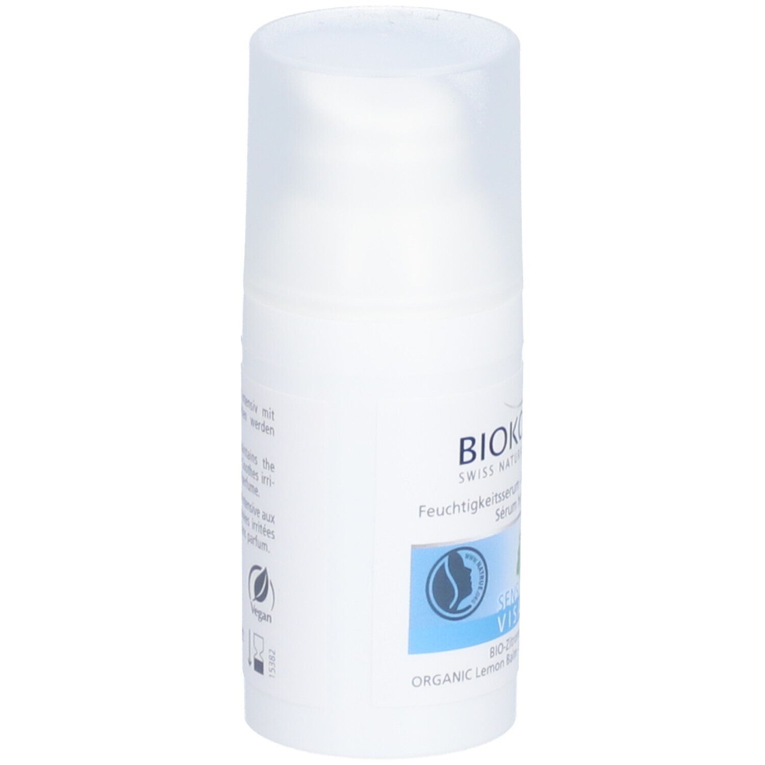 Flacon blanc avec vaporisateur. BIOKOSMA Sérum hydratant Sensitive. Inscription : Sensitive Visage, BIO-Mélisse citronnelle. Label vegan.