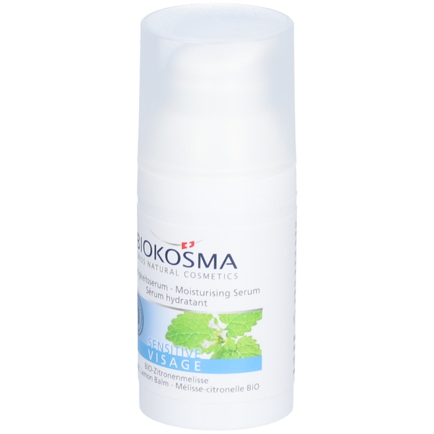 Flacon blanc avec vaporisateur. BIOKOSMA Sérum hydratant Sensitive. Inscription : Sensitive Visage, BIO-Mélisse citronnelle.