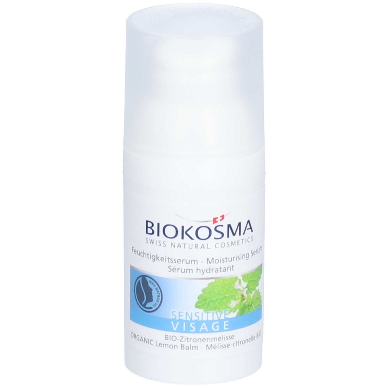 Flacon blanc avec vaporisateur. BIOKOSMA Sérum hydratant Sensitive. Inscription : Sensitive Visage, BIO-Mélisse citronnelle. Label vegan.