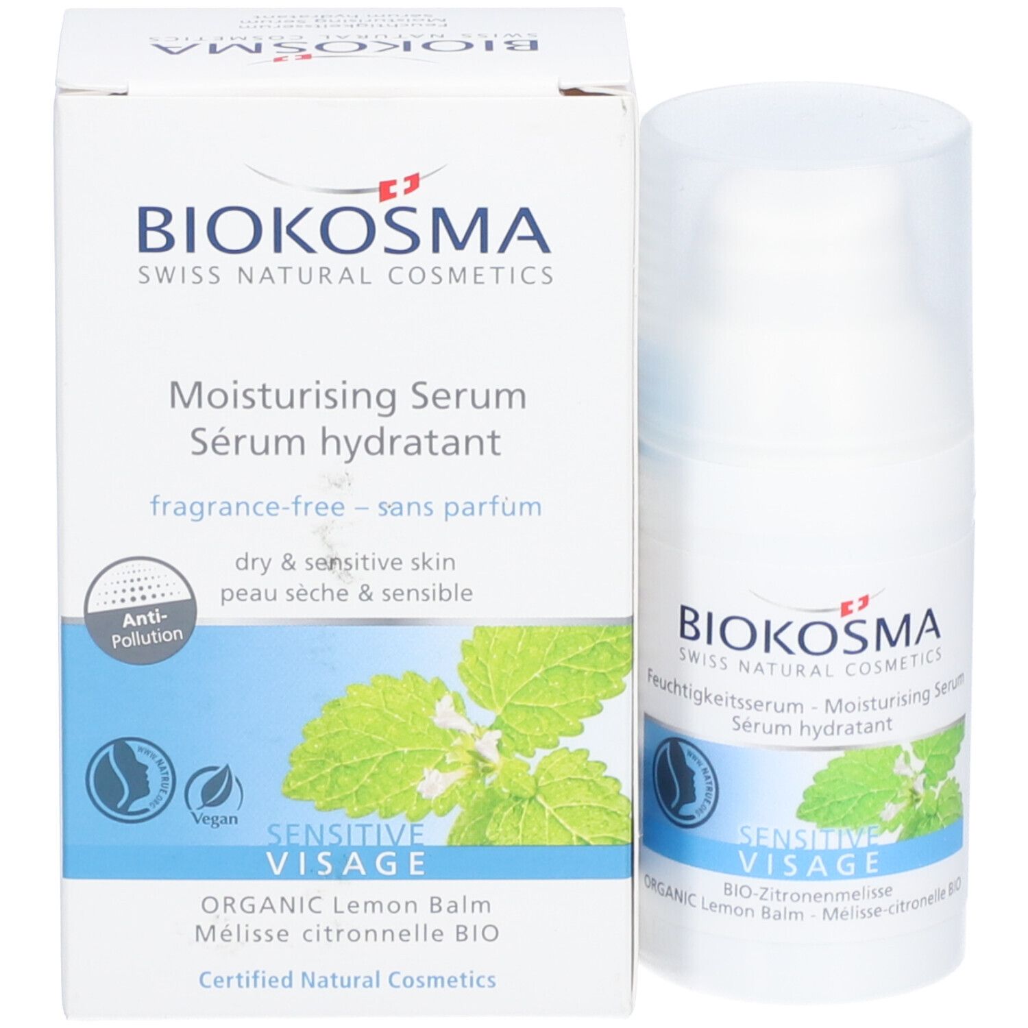BIOKOSMA Sérum hydratant Sensitive et emballage. Inscription : Sensitive Visage, BIO-Mélisse citronnelle. Label vegan. Anti-pollution.