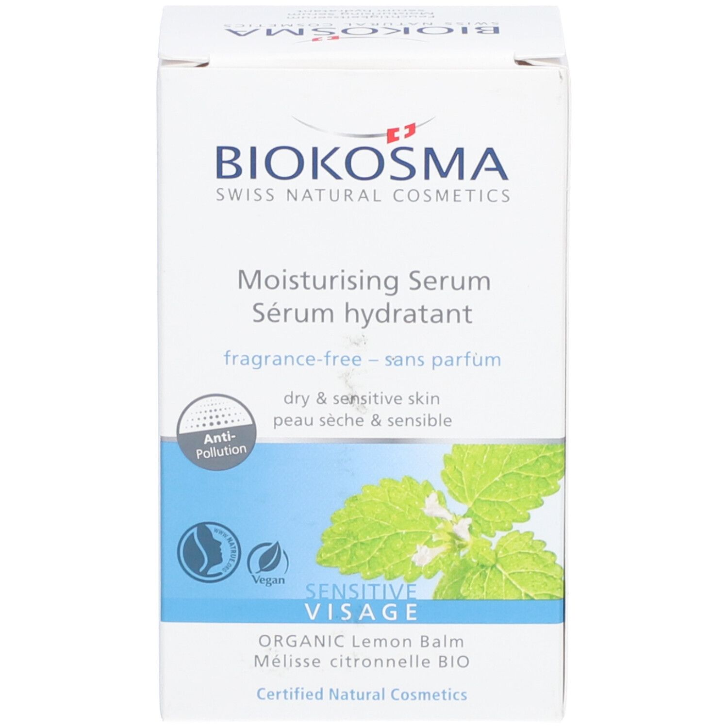 Emballage de BIOKOSMA Sérum hydratant Sensitive. Inscription : Sensitive Visage, BIO-Mélisse citronnelle. Label vegan. Anti-pollution.