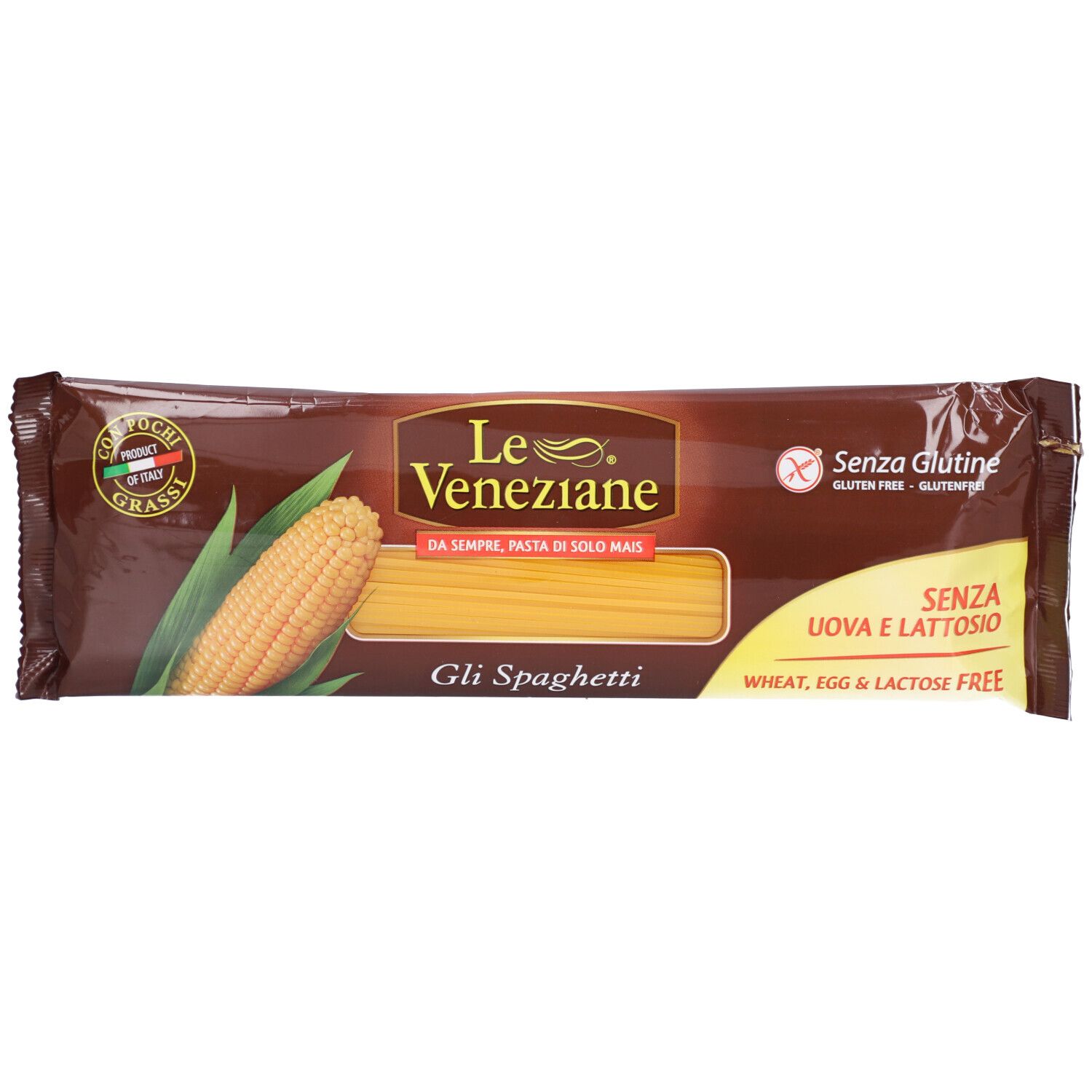 Emballage Le Veneziane Spaghetti Maispasta glutenfrei. Paquet marron avec image du produit et texte.
