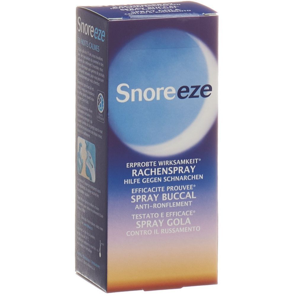 Boîte de Snoreeze Spray buccal. Fond bleu avec lune. Texte: Efficacité prouvée, Spray buccal, Testato e efficace.