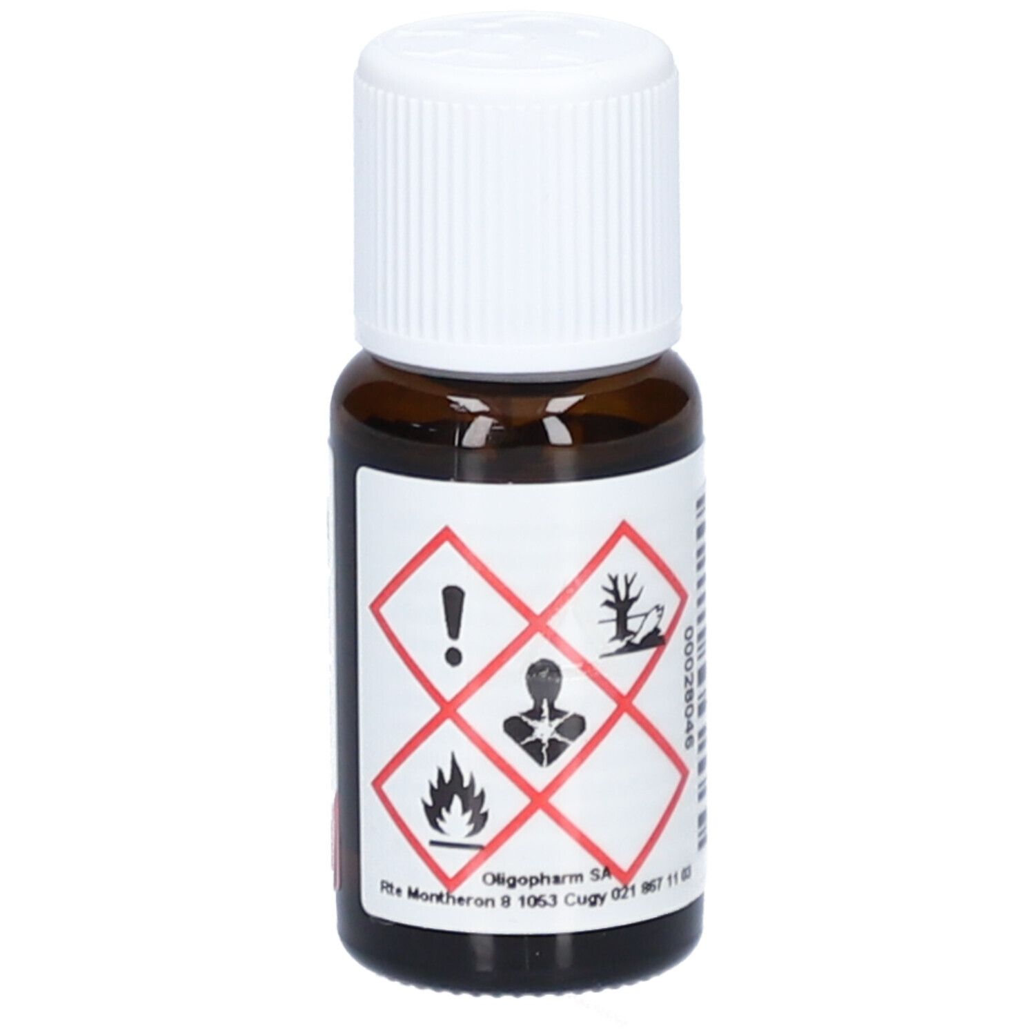 Flacon en verre brun avec bouchon blanc. Étiquette avec symboles de danger. Texte: Oligopharm SA. Logo Aromasan. Citrus paradisi, Pamplemousse blanc.