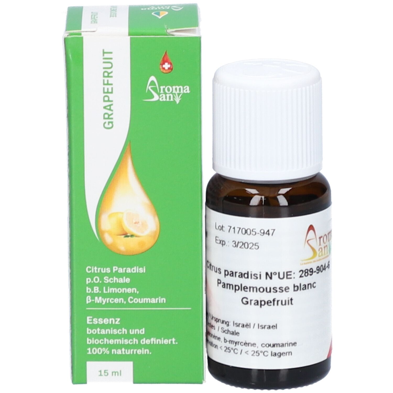 Flacon en verre brun avec bouchon blanc à côté d'une boîte verte. Boîte avec texte: Grapefruit, logo Aromasan, 15 ml. Flacon: Citrus paradisi.