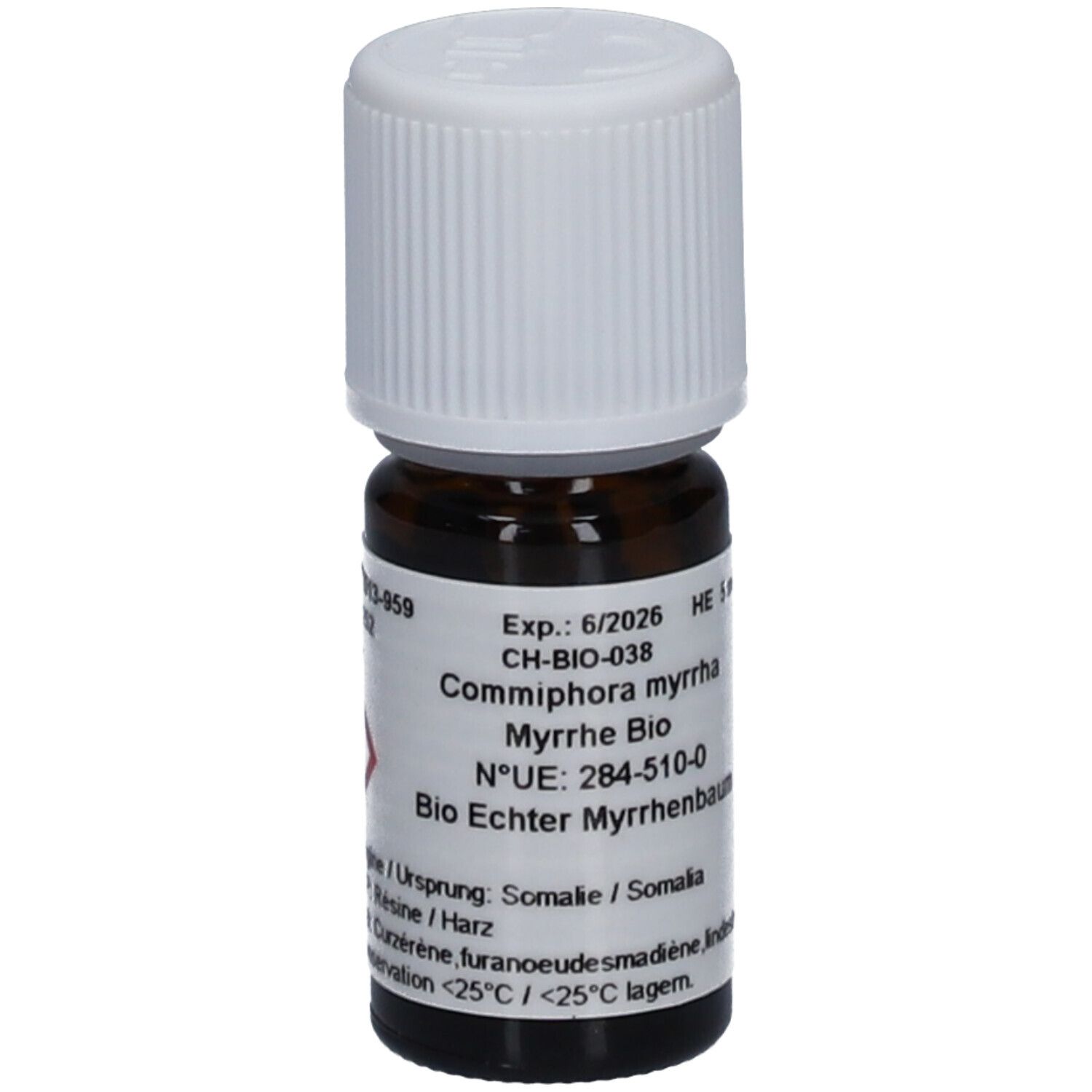 Flacon en verre brun avec bouchon blanc. Étiquette avec texte: Commiphora myrrha, Myrrhe Bio, HE 5 ml. Expiration 6/2026. Symbole de danger.