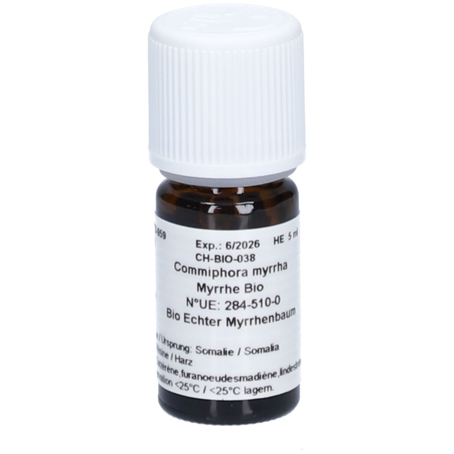 Flacon en verre brun avec bouchon blanc. Étiquette avec texte: Commiphora myrrha, Myrrhe Bio, HE 5 ml. Origine: Somalie. Symbole de danger.