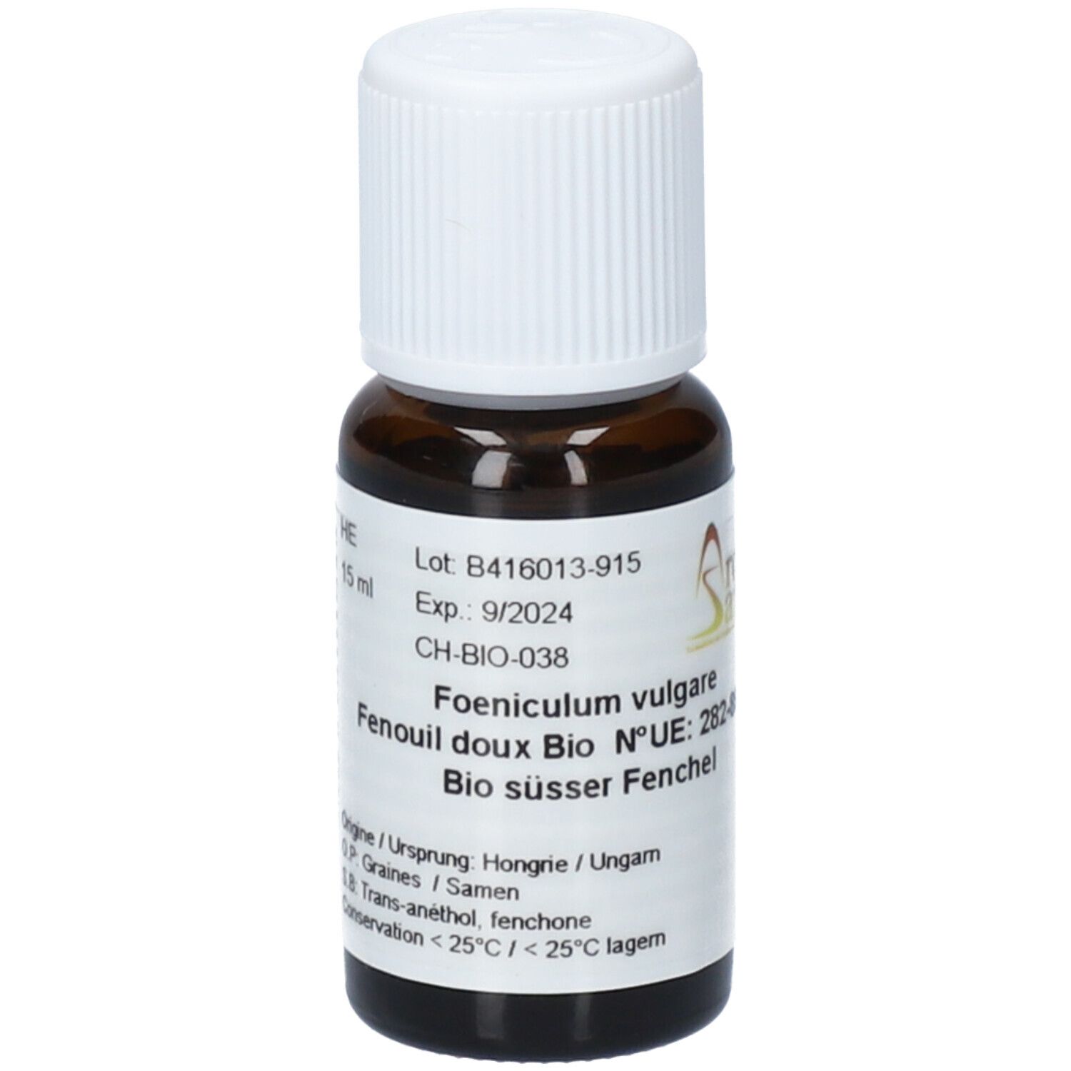 Flacon en verre brun avec bouchon blanc. Étiquette avec texte: Fenouil, 15 ml, numéro de lot, date d'expiration, CH-BIO-038.