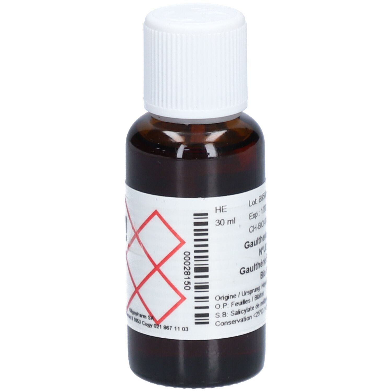Flacon en verre brun avec bouchon blanc. Étiquette avec symboles de danger et informations produit. 30 ml.