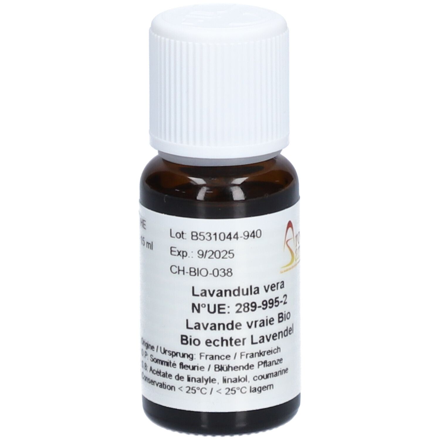 Flacon en verre brun avec bouchon blanc. Étiquette avec texte: Lavandula vera, Bio echter Lavendel. 15 ml. Logo Aromasan.
