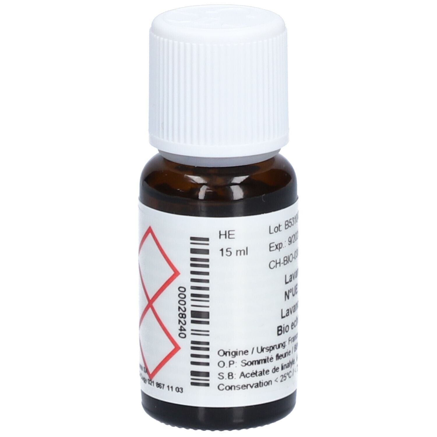 Flacon en verre brun avec bouchon blanc. Étiquette avec HE et symboles de danger. 15 ml. Logo Aromasan.