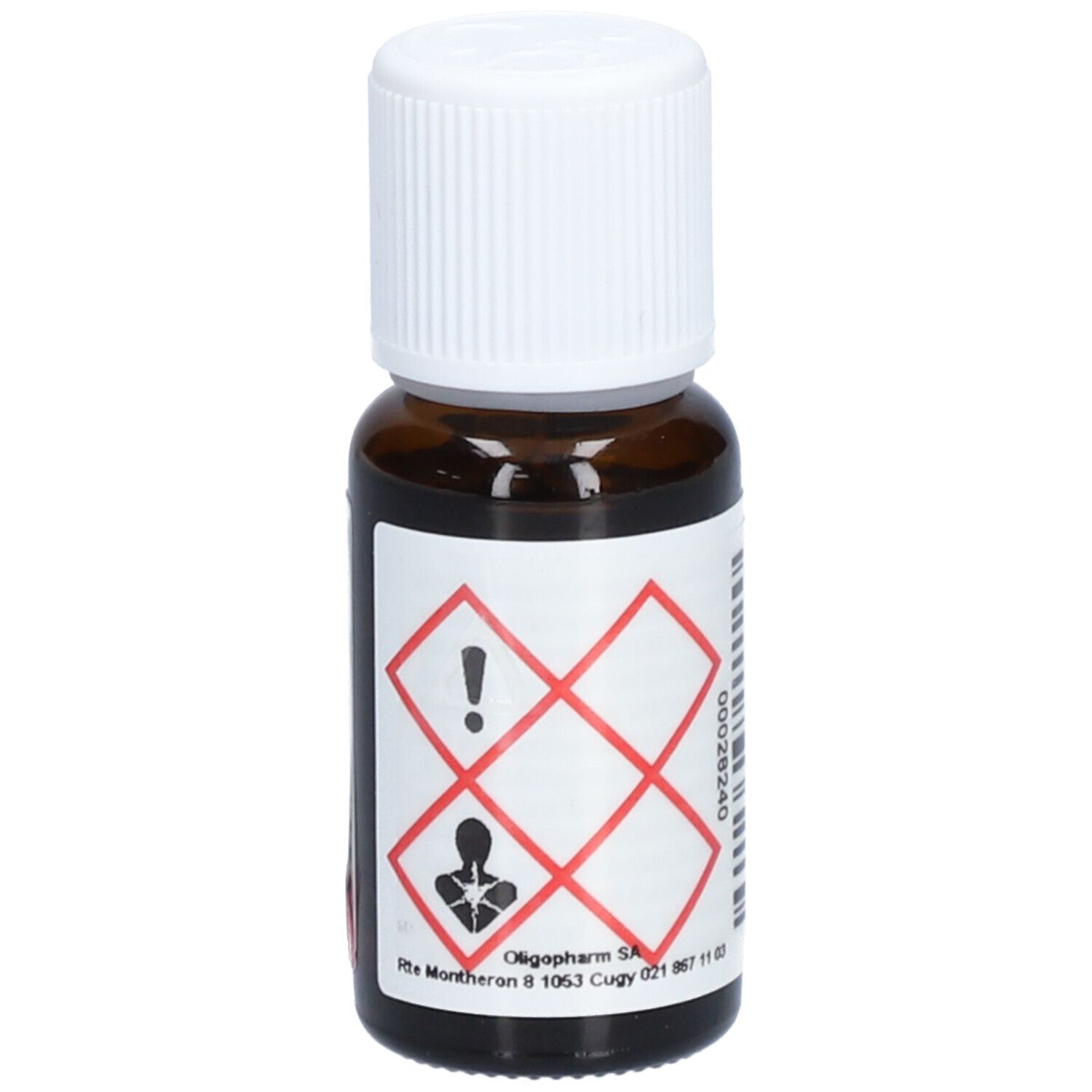 Flacon en verre brun avec bouchon blanc. Étiquette avec symboles de danger. Oligopharm SA. 1063 Cugy.