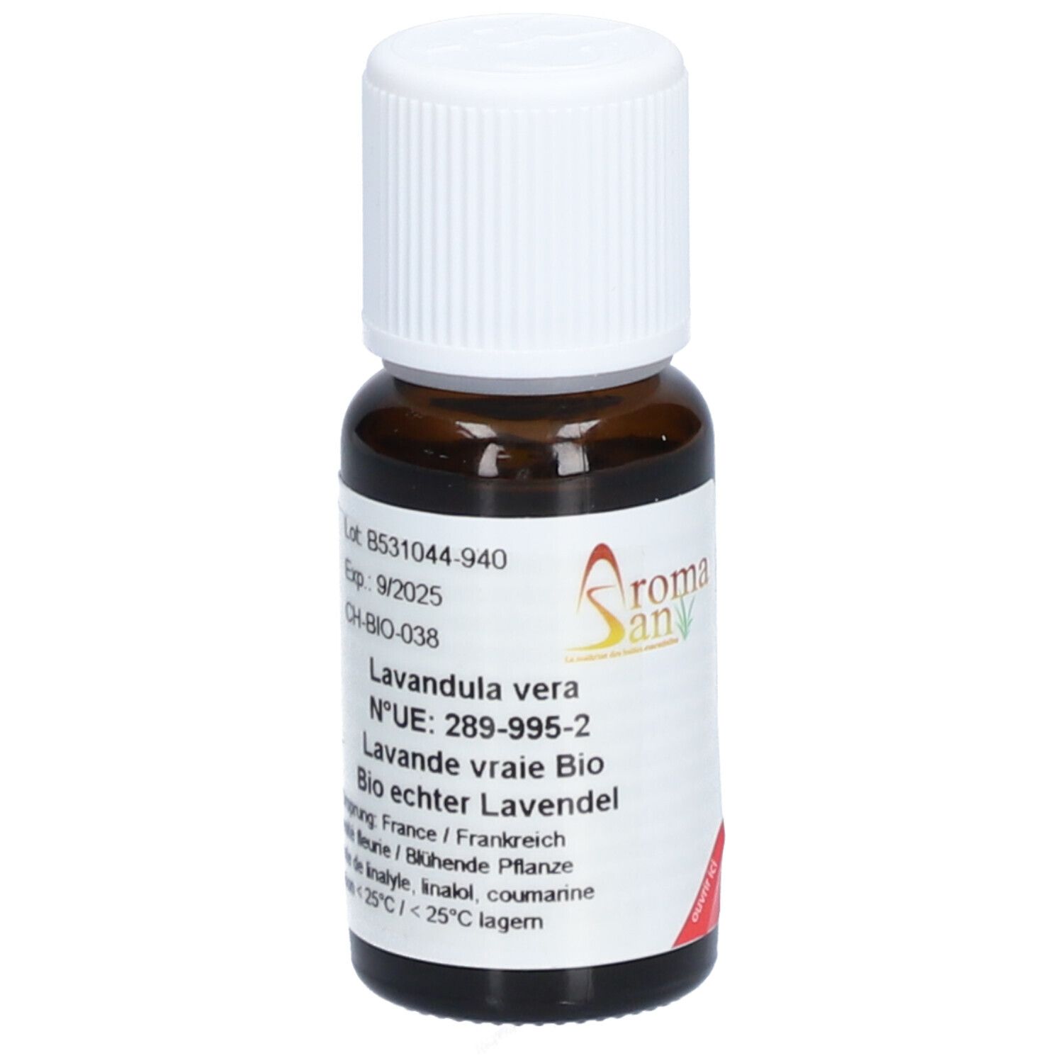 Flacon en verre brun avec bouchon blanc. Étiquette avec texte: Lavandula vera, Bio echter Lavendel. Logo Aromasan.