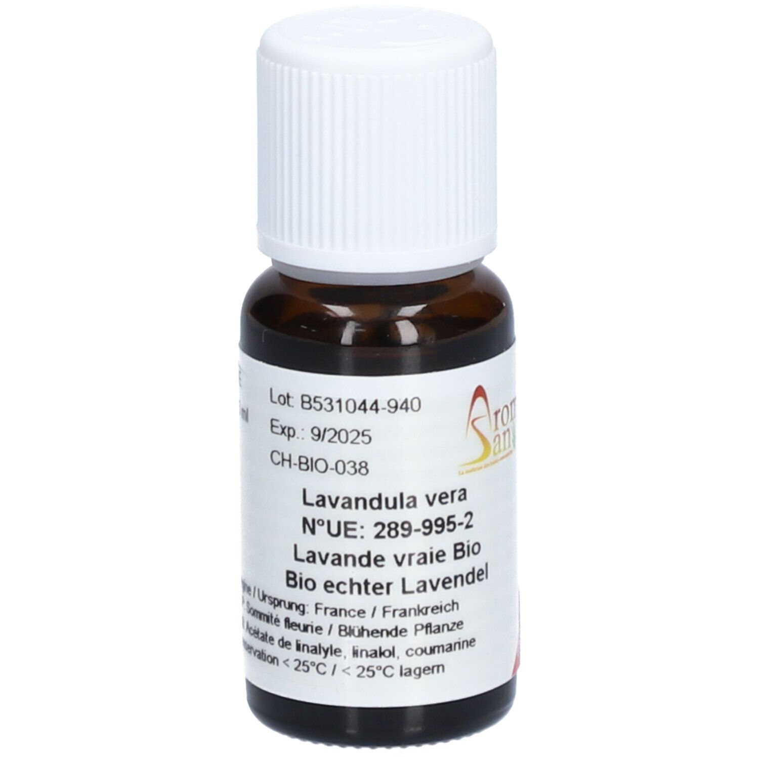 Flacon en verre brun avec bouchon blanc. Étiquette avec texte: Lavandula vera, Bio echter Lavendel. CH-BIO-038. Logo Aromasan.