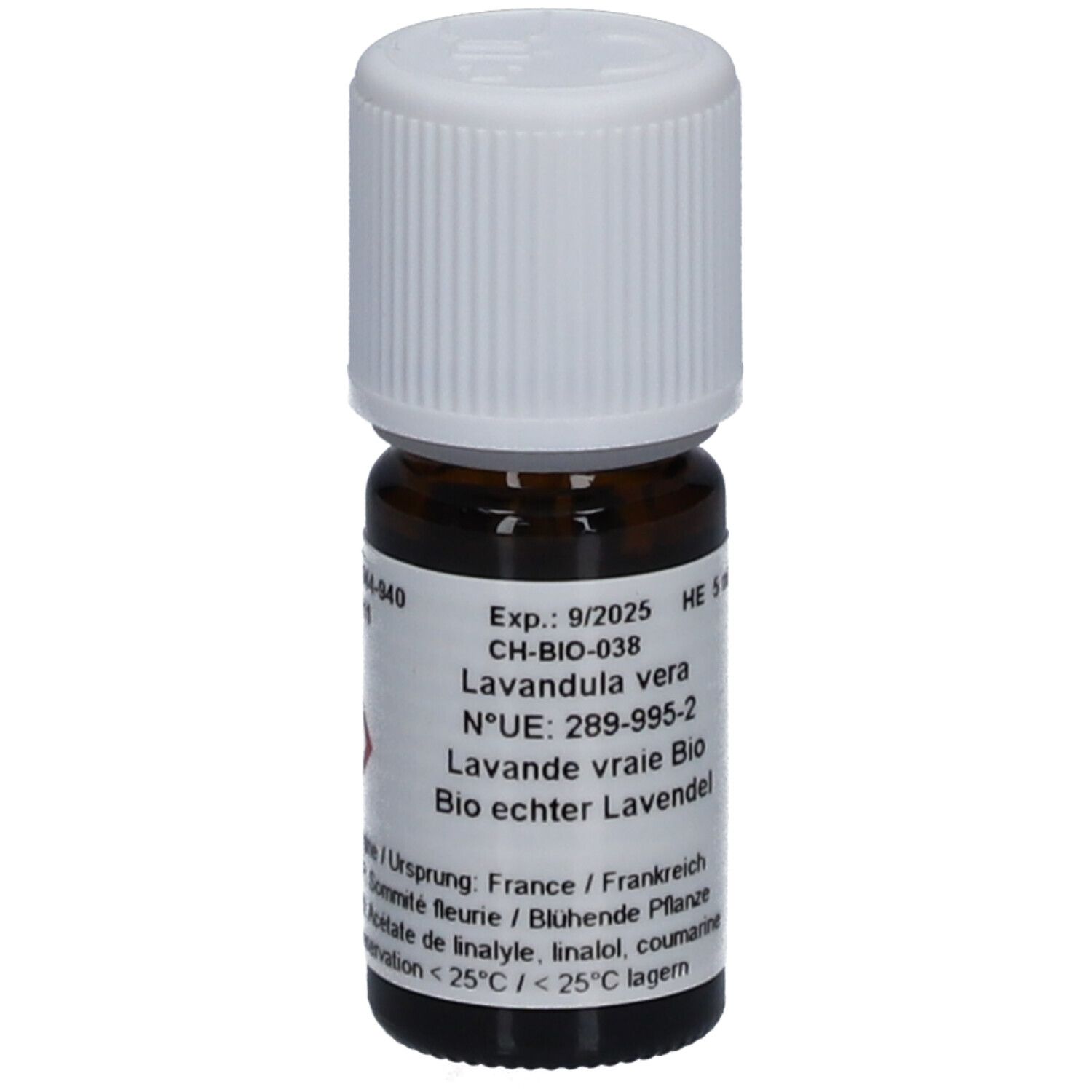 Flacon en verre brun avec bouchon blanc. Étiquette avec texte: Lavandula vera, Bio echter Lavendel. Expiration 9/2025. Symbole de danger.