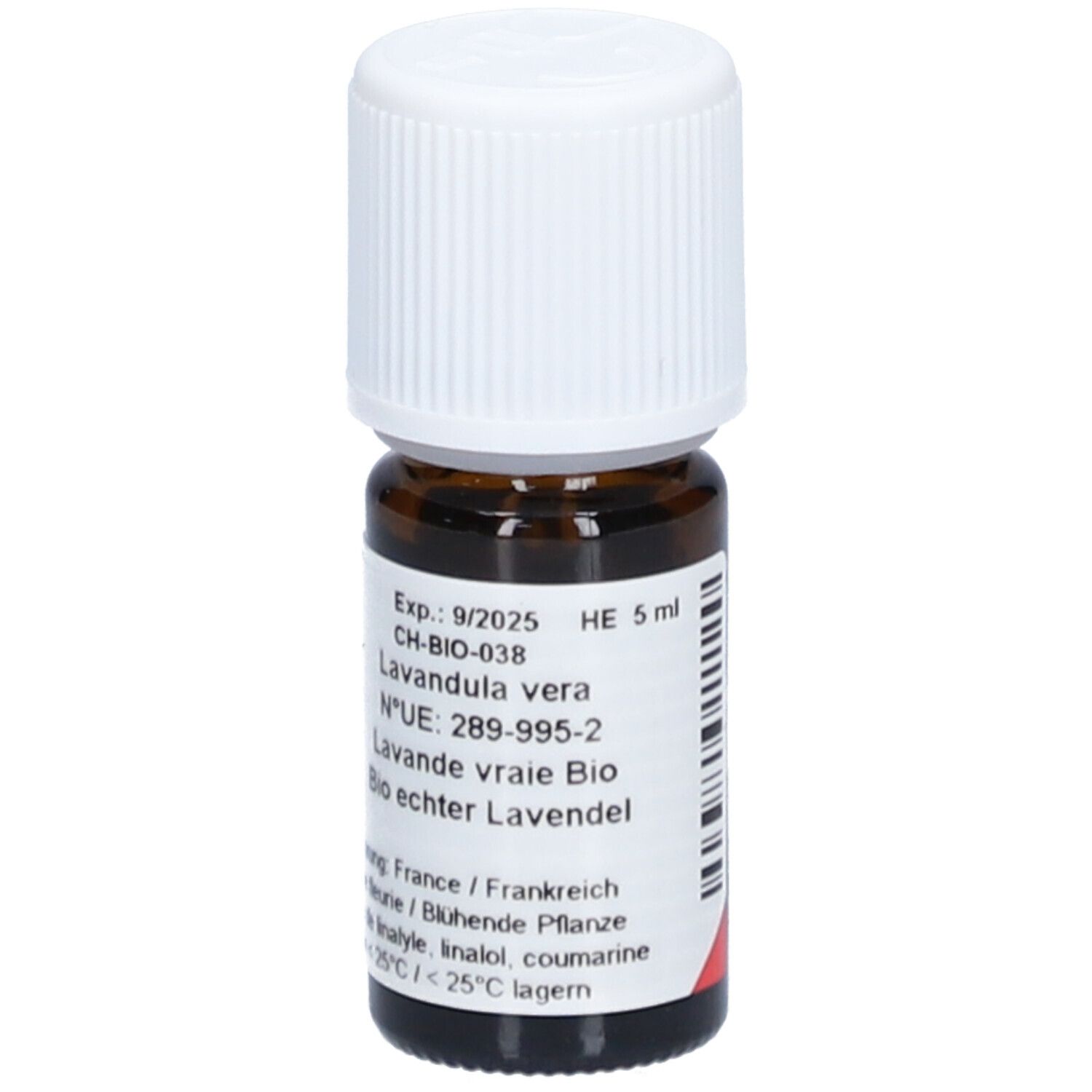 Flacon en verre brun avec bouchon blanc. Étiquette avec texte: Lavandula vera, Bio echter Lavendel. Expiration 9/2025. 5 ml.