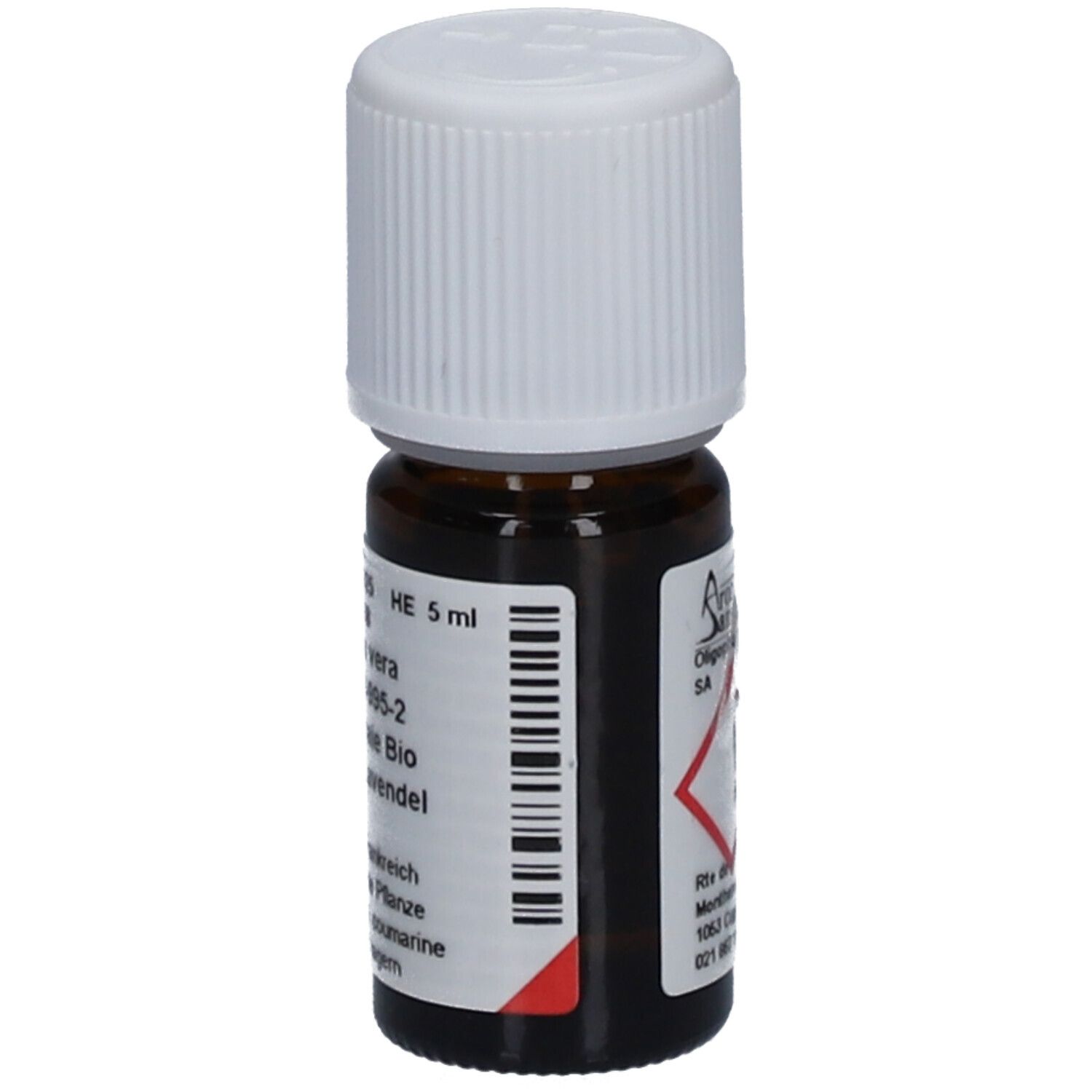 Flacon en verre brun avec bouchon blanc. Étiquette avec texte et code-barres. 5 ml. Symbole de danger. Adresse: Oligopharma SA.