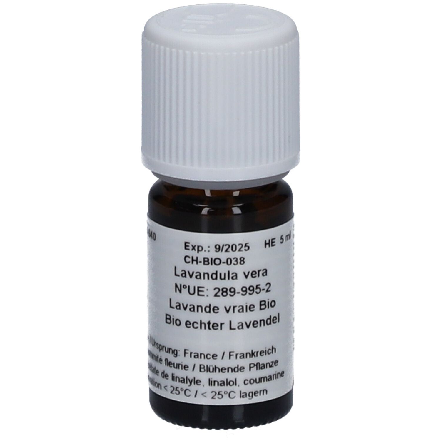 Flacon en verre brun avec bouchon blanc. Étiquette avec texte: Lavandula vera, Bio echter Lavendel. Expiration 9/2025.