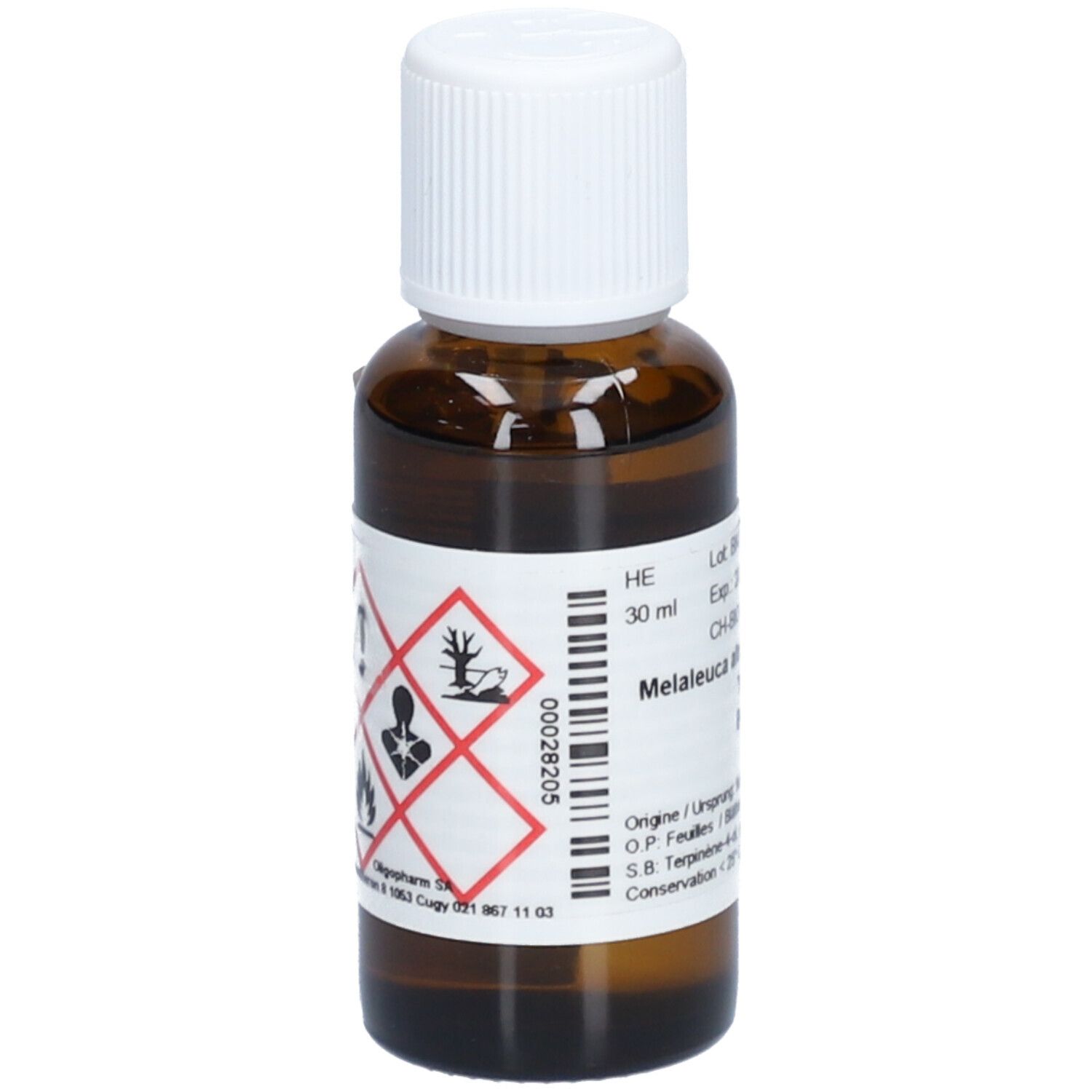 Flacon en verre brun avec bouchon blanc. Étiquette avec symboles de danger. 30 ml.