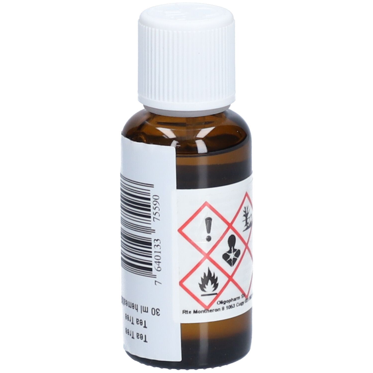 Flacon en verre brun avec bouchon blanc. Étiquette avec code-barres et symboles de danger. 30 ml.