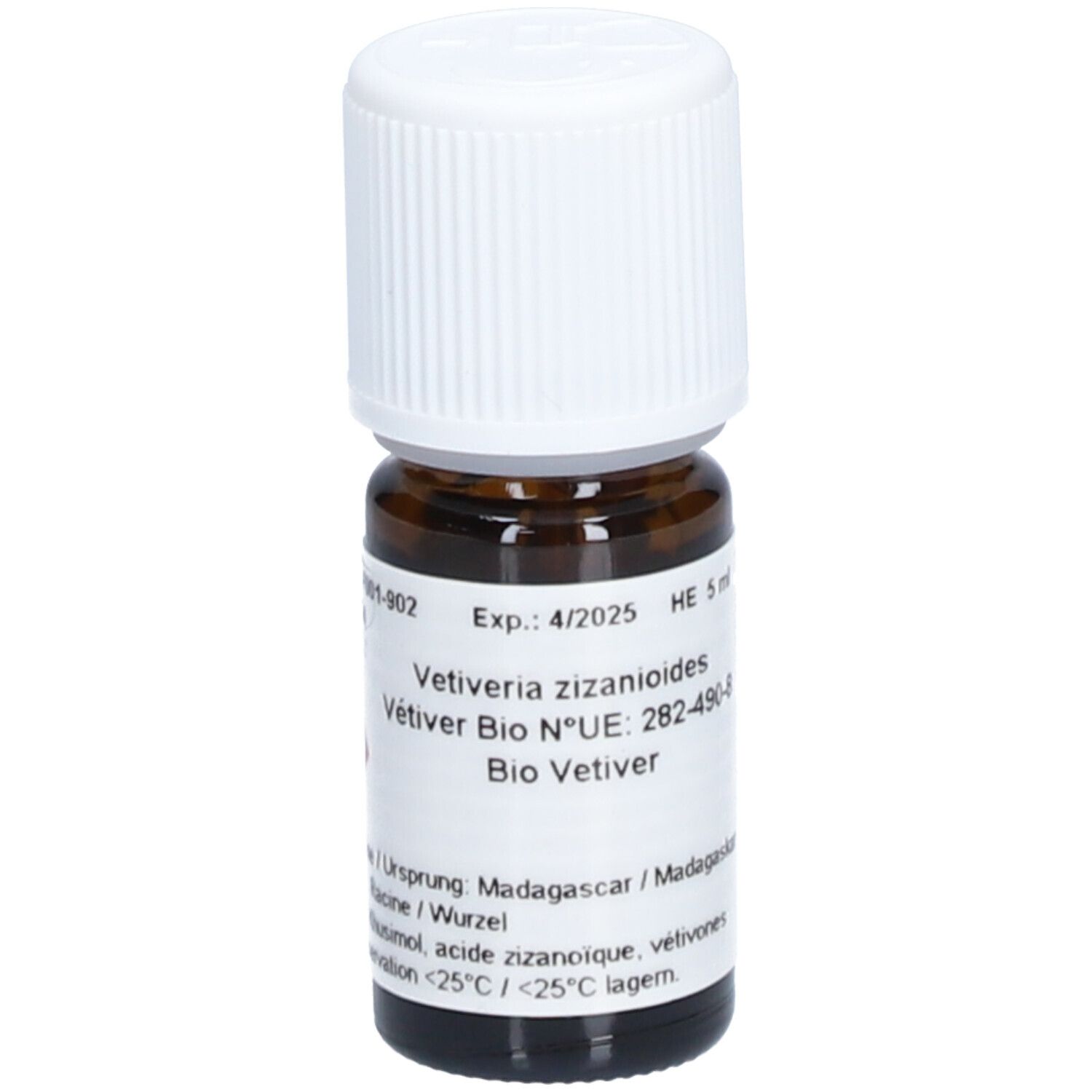 Flacon en verre brun avec bouchon blanc. Étiquette avec informations produit. Inscription: Vetiveria zizanioides, Bio Vetiver.
