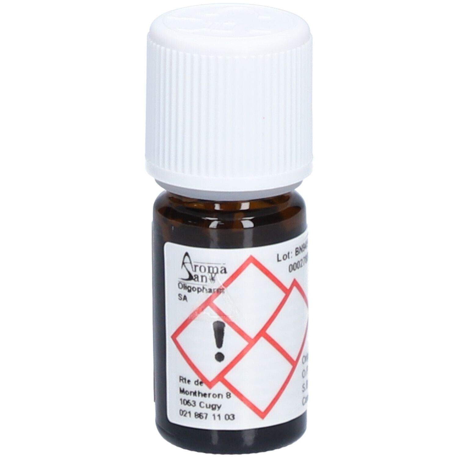 Flacon en verre brun avec bouchon blanc. Étiquette avec symboles de danger et informations produit. Marque: Aromapflege.